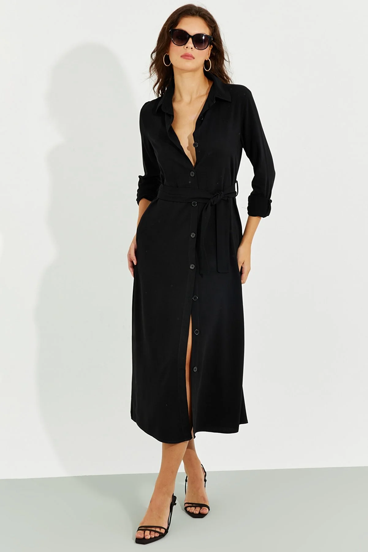 Cool & Sexy  Schwarzes Midi-Hemdkleid mit Tasche für Damen BK1683