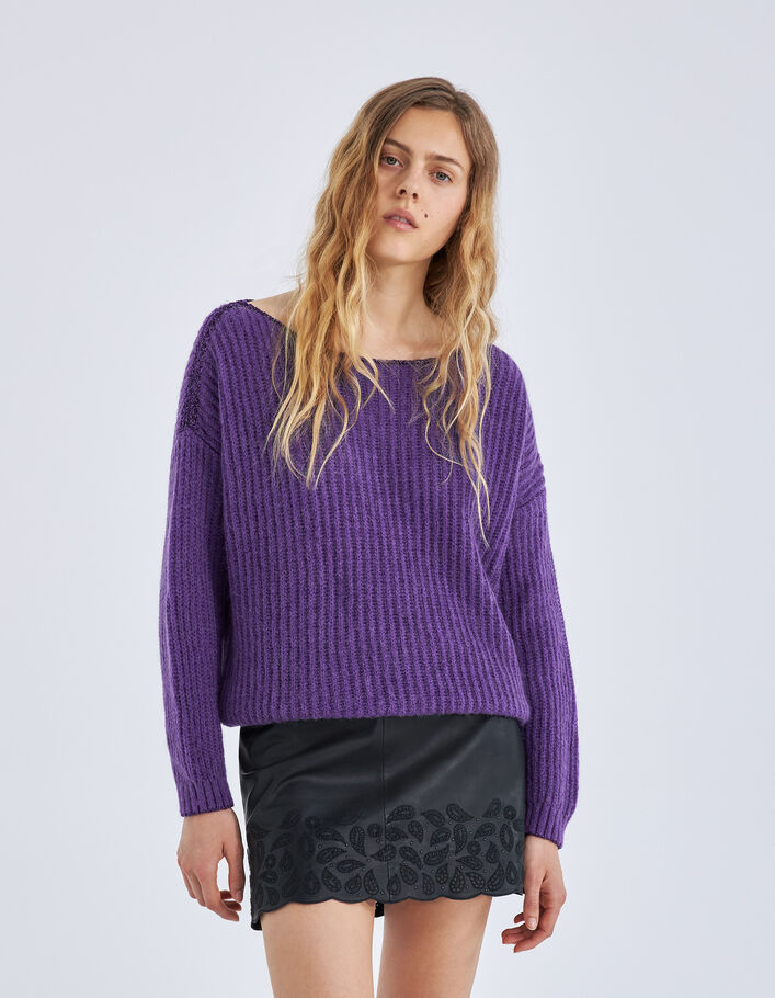 Pull violet tricot à côtes et détails lurex Femme