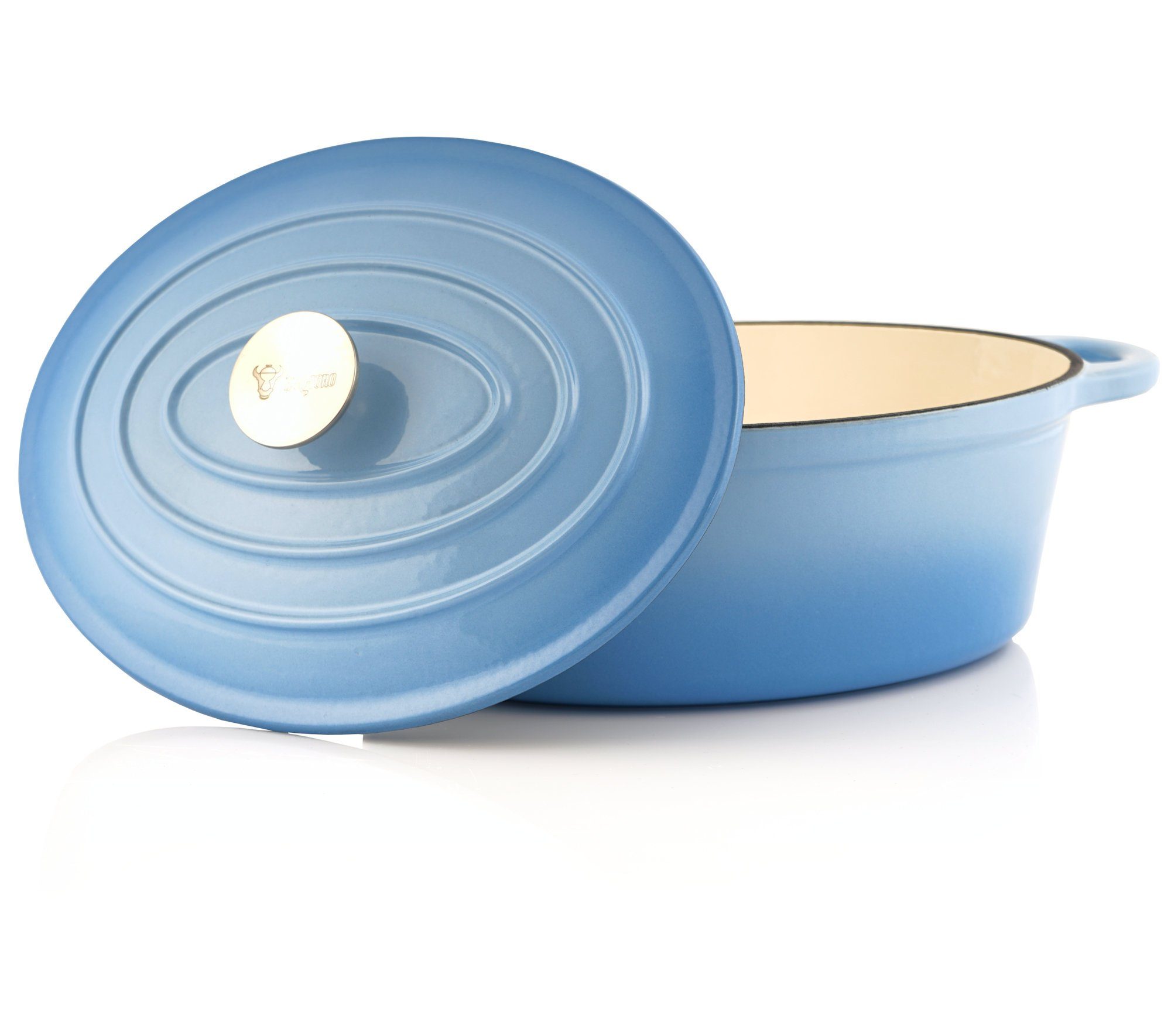 BBQ-Toro Bräter Gusseisen Cocotte, 4,3 l, blau, oval, Emaillierter Gusseisen Bräter, Gusseisen