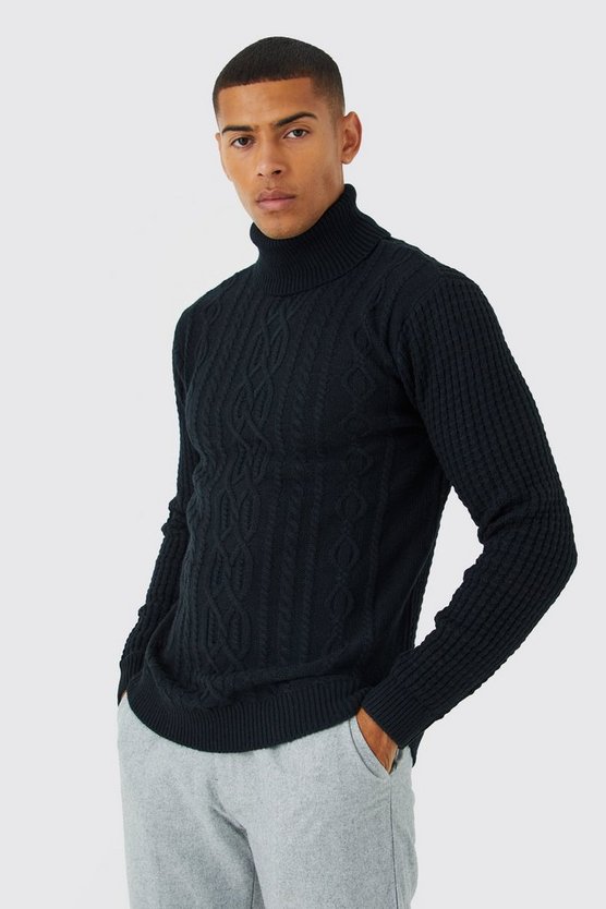 Recycelter Zopfmuster-Pullover mit Rollkragen