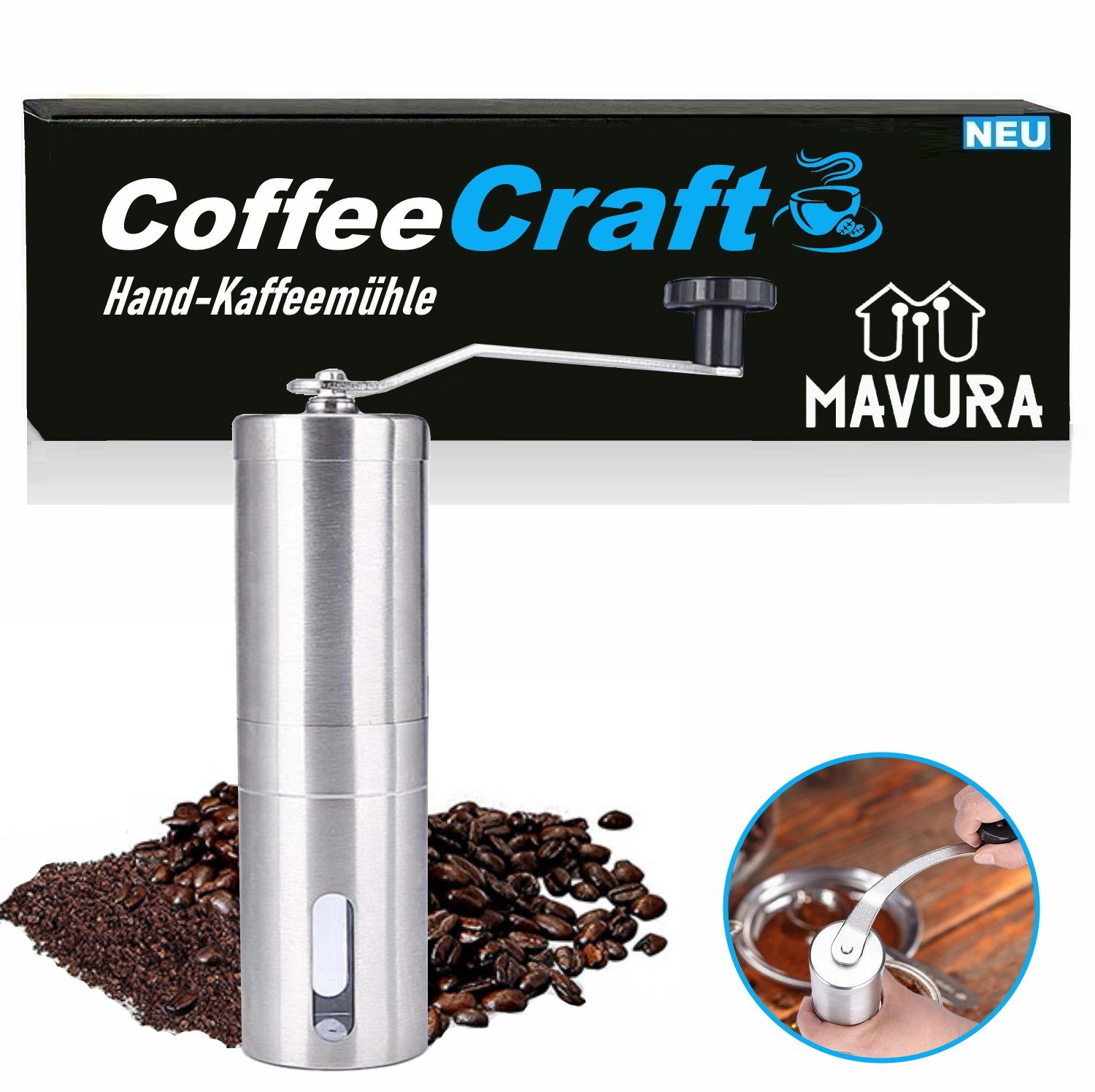 MAVURA Kaffeemühle CoffeeCraft Manuelle Kaffee Mühle Edelstahl Handkaffeemühle, mit Keramik-Mahlwerk Tragbar Silber