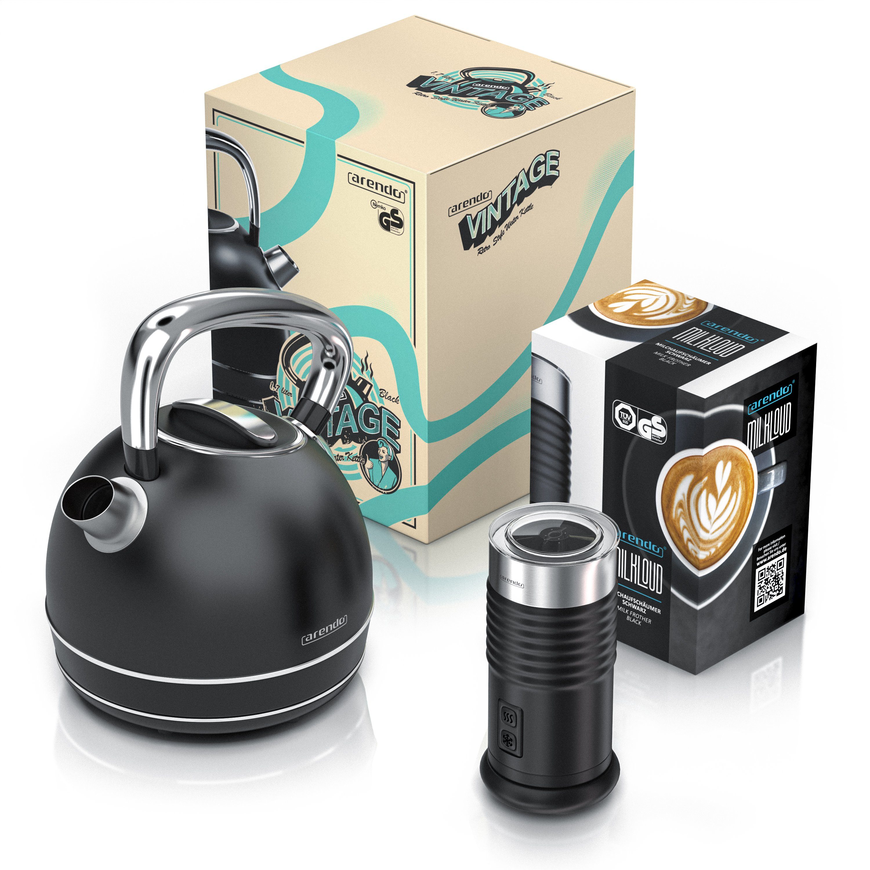 Arendo Frühstücks-Set (2-tlg), Wasserkocher 1,7l & Milchaufschäumer, Edelstahl, Matt Schwarz