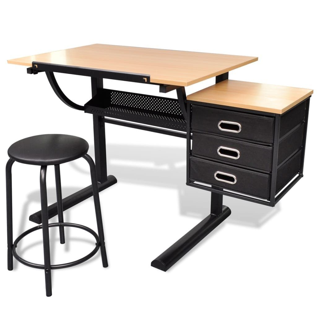vidaXL Schreibtisch Schreibtisch Zeichentisch mit neigbarer Tischplatte 3 Schubladen und H