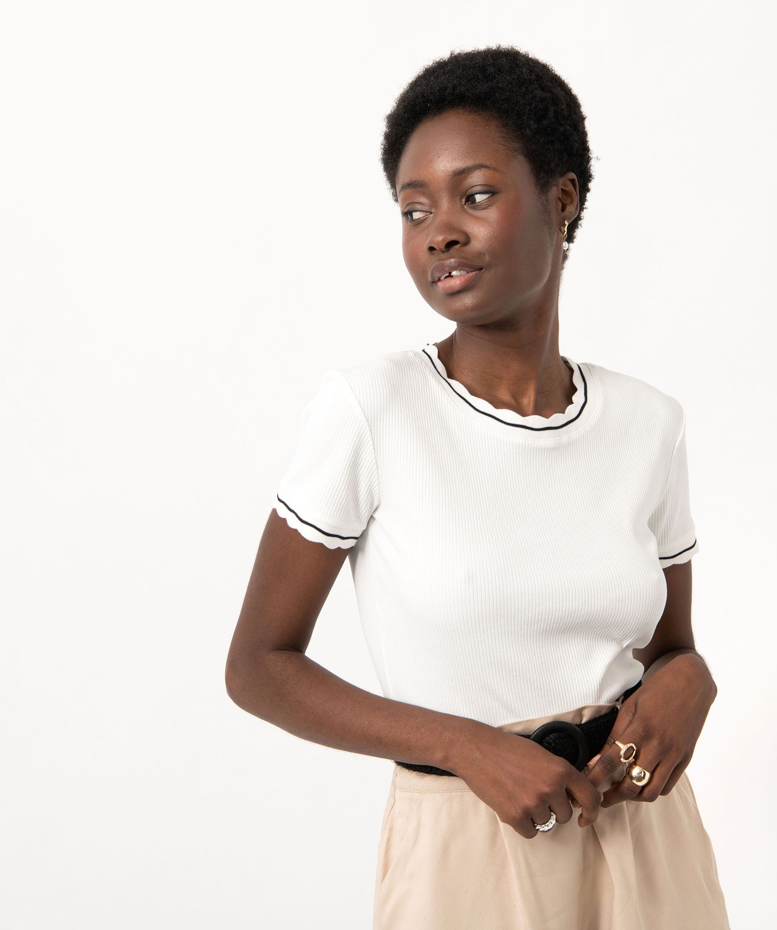Tee-shirt à manches courtes en maille ctelée femme blanc | GEMO