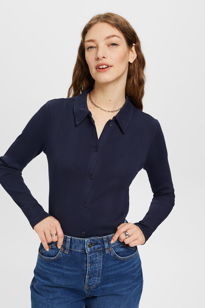 Geripptes Langarm-Poloshirt mit Knöpfen