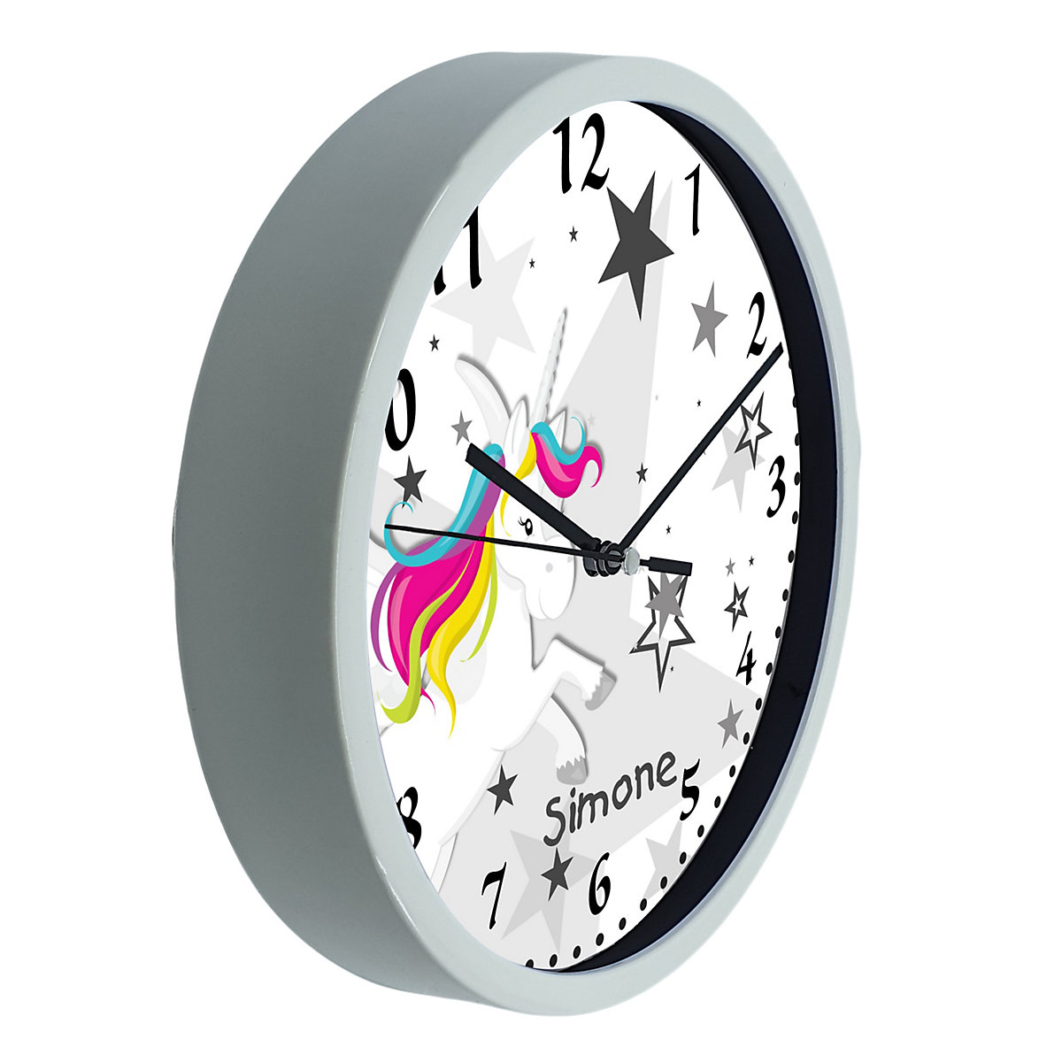 Kinder Wanduhr personalisiert mit Name Pegasus Sterne Grau
