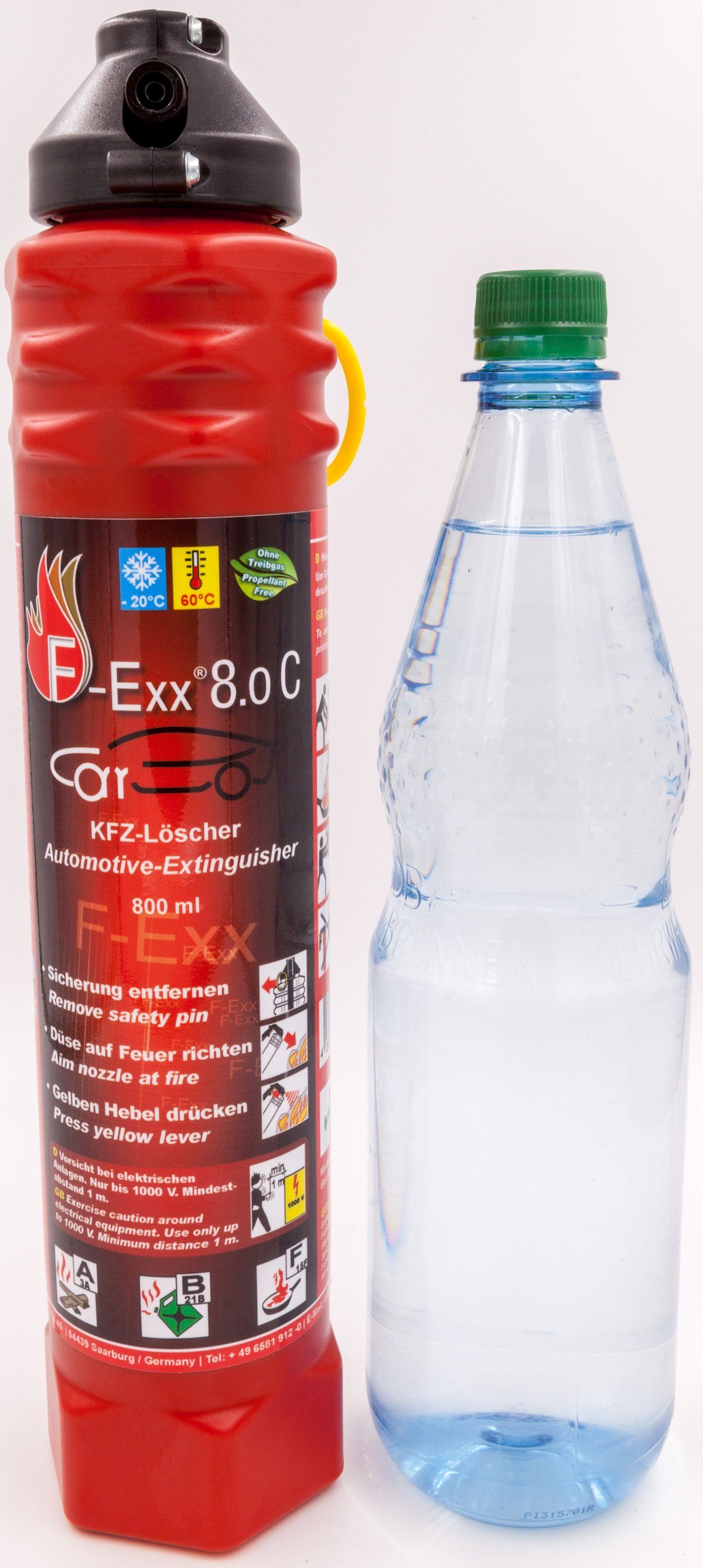 F-Exx Schaum-Feuerlöscher F-Exx® 8.0 C - Der Auto-Feuerlöscher mit Frostschutz + Kfz-Tasche, Löschschaum: MOUSSEAL®-CF F-20 synthetisches wasserfilmbildendes Schaummittel (AFFF), Treibgasfrei