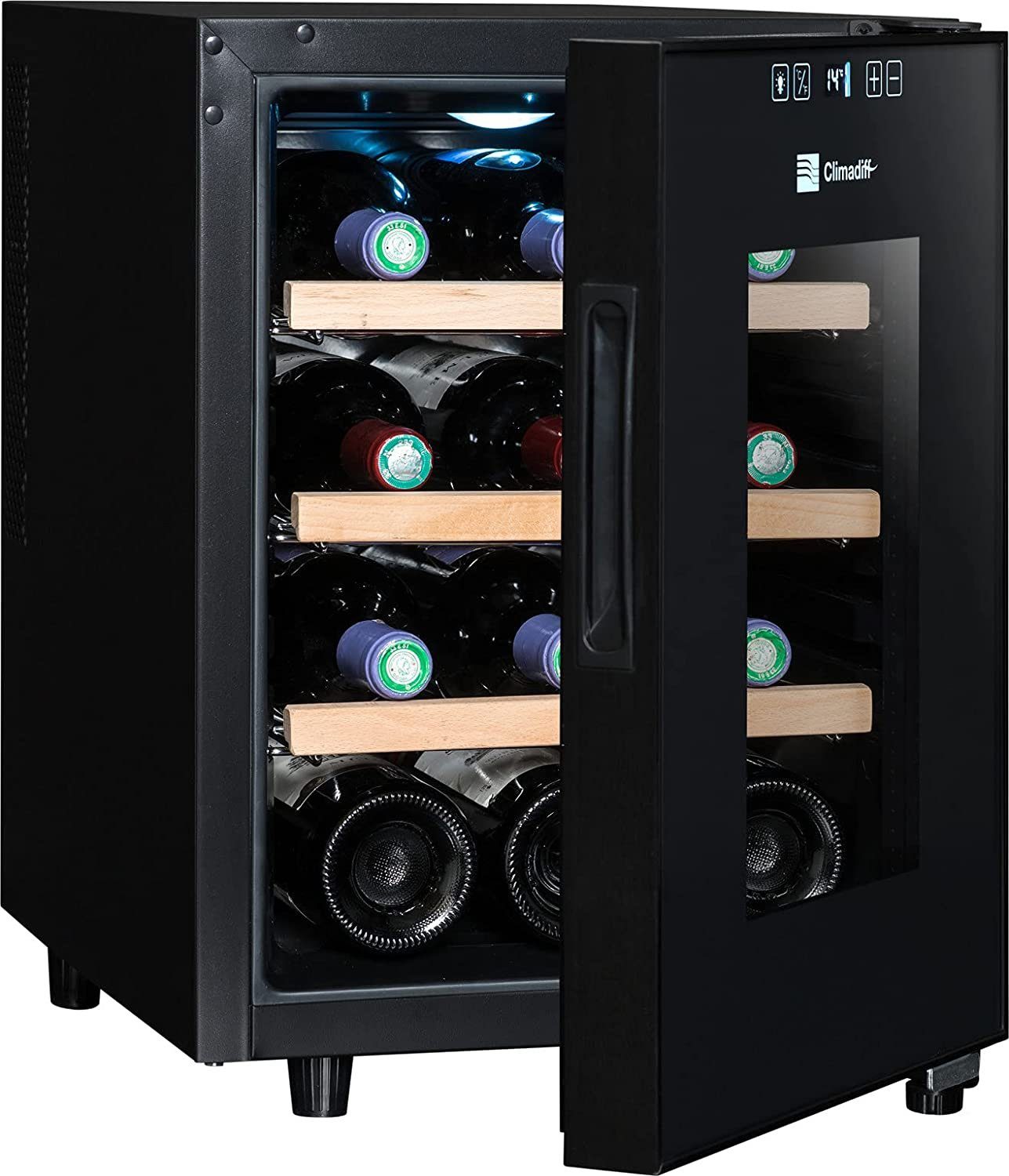 CLIMADIFF Weinkühlschrank CC12, Glastür, 12 Flaschen Wein 18L Flaschenkühlschrank Kühlschrank, für 12 Standardflaschen á 0,75l,Design Weinkühler, Getränkekühlschrank 35x46x48cm Weinschrank Wein