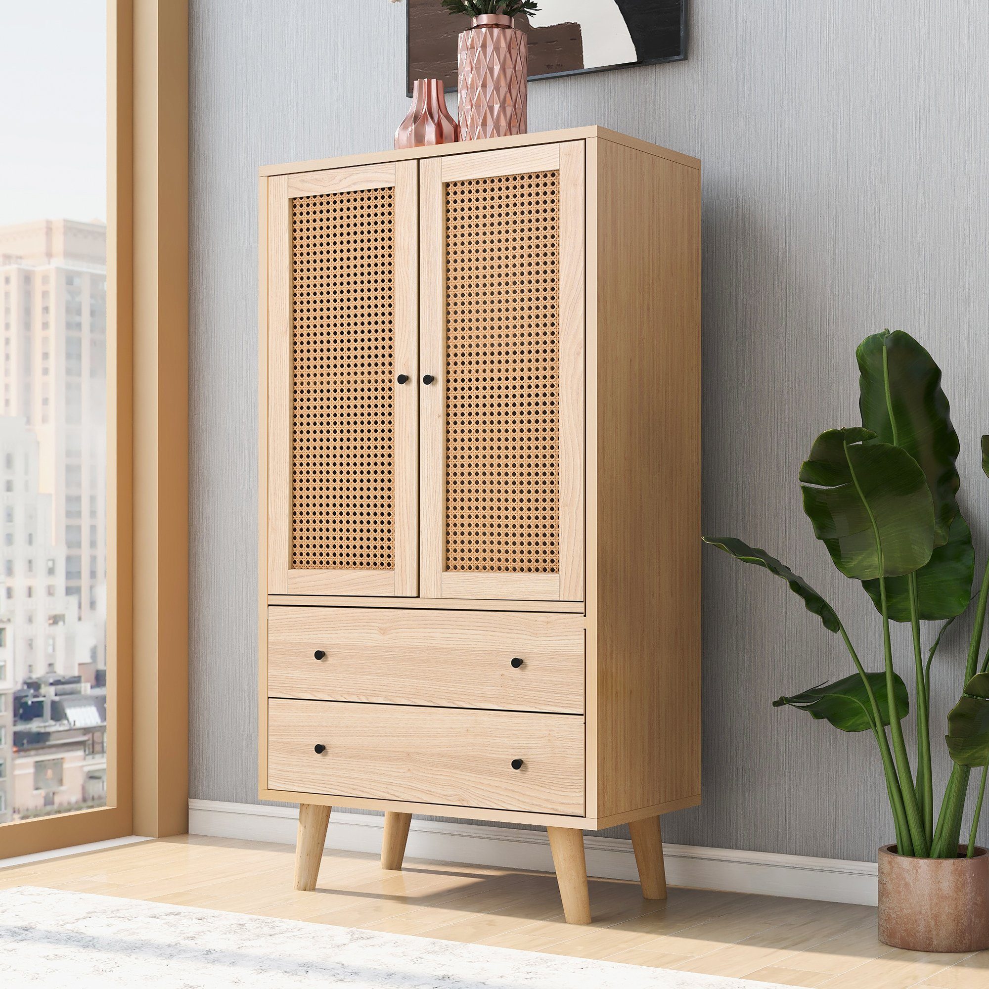 Flieks Kommode, Sideboard mit 2 Schubladen und 2 Türen Rattan 60x40x120cm