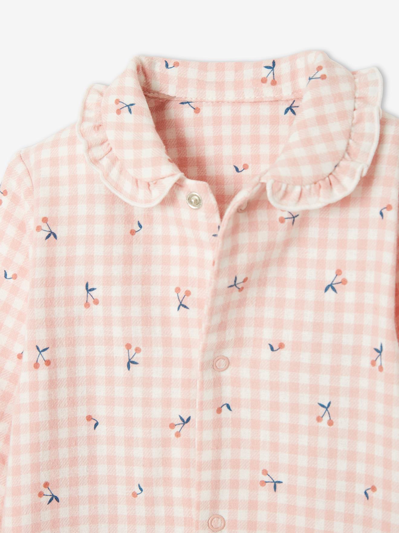 Pyjama bébé en flanelle de coton ouverture naissance carreaux rose thé