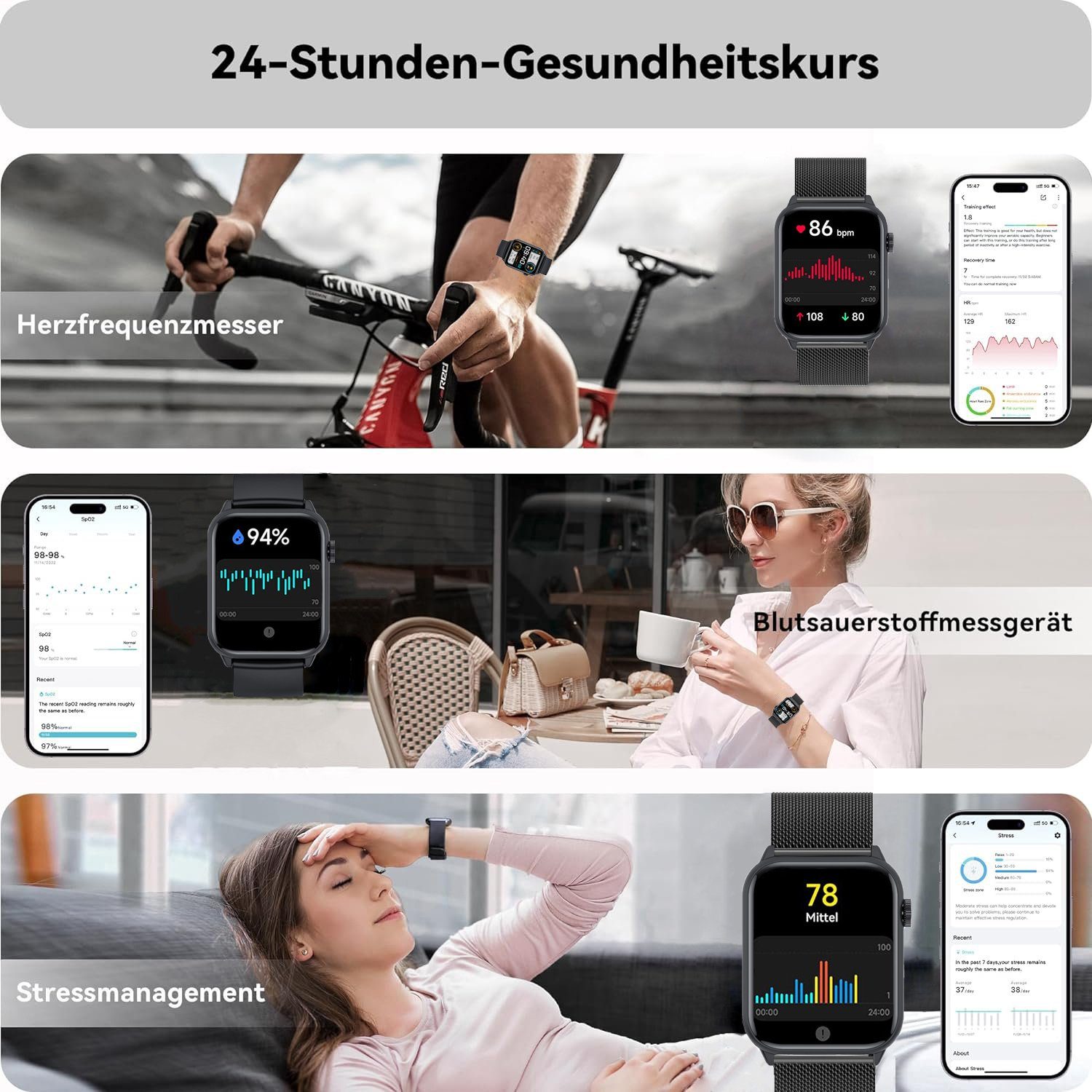 Mutoy Smartwatch,Fitness Tracker Uhr für Damen Herren mit Anruffunktion Smartwatch Gesundheits-Uhren mit Herzfrequenz,Blutsauerstoff, Blutdruckmessung, Schlafüberwachung, Schrittzähler, AI Sprachassistent, Musiksteuerung und SNS-Benachrichtigung, IP6