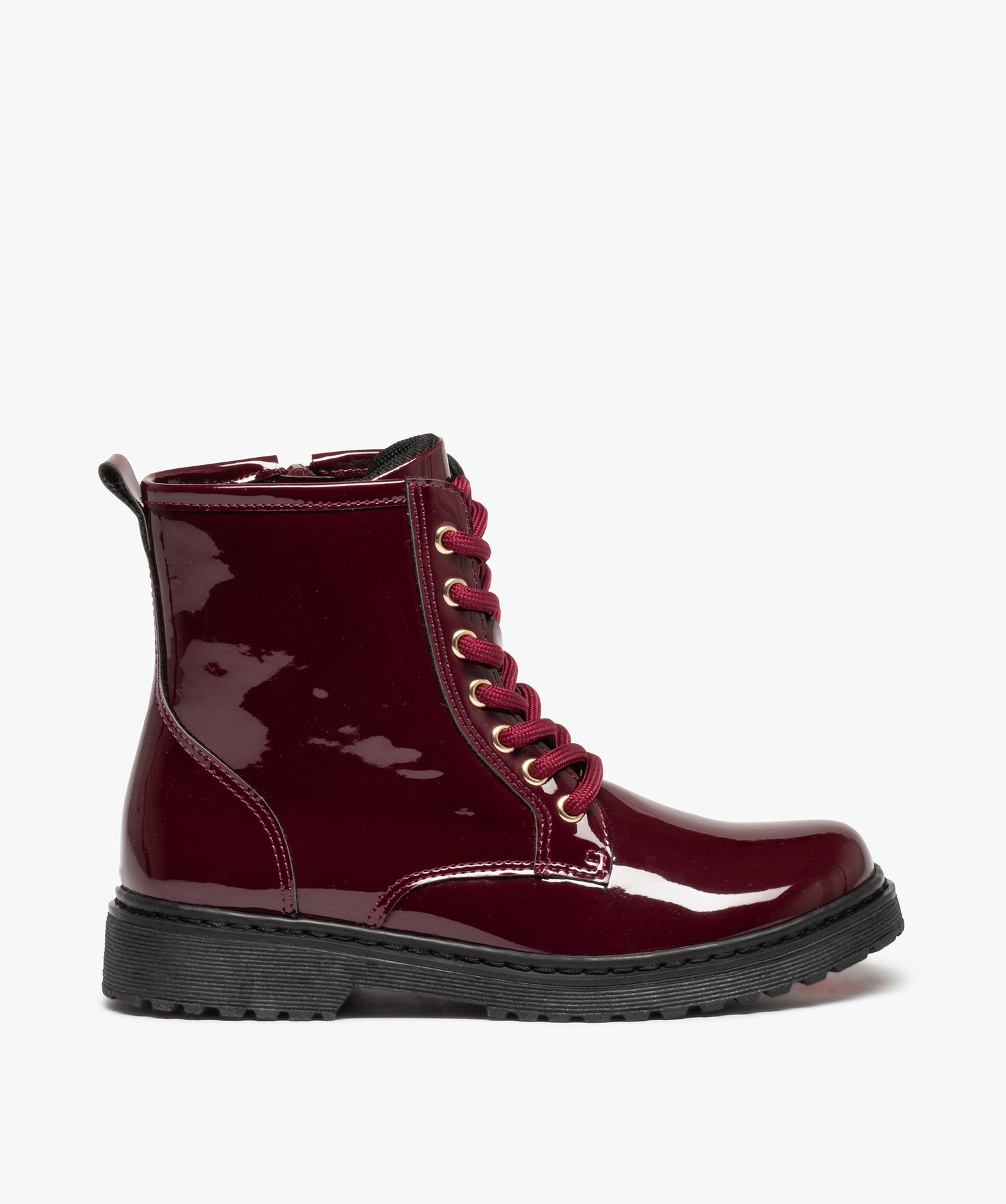 Boots fille vernies à lacets et zip style rangers rouge fonce | GEMO