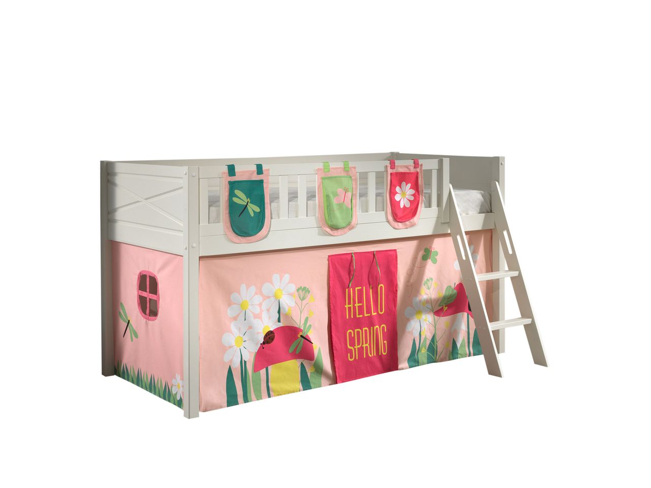 VIPACK Spielbett SCOTT, LF 90 x 200 cm, mit Rolllattenrost, Leiter und Textilset Vorhang und 3 Taschen 