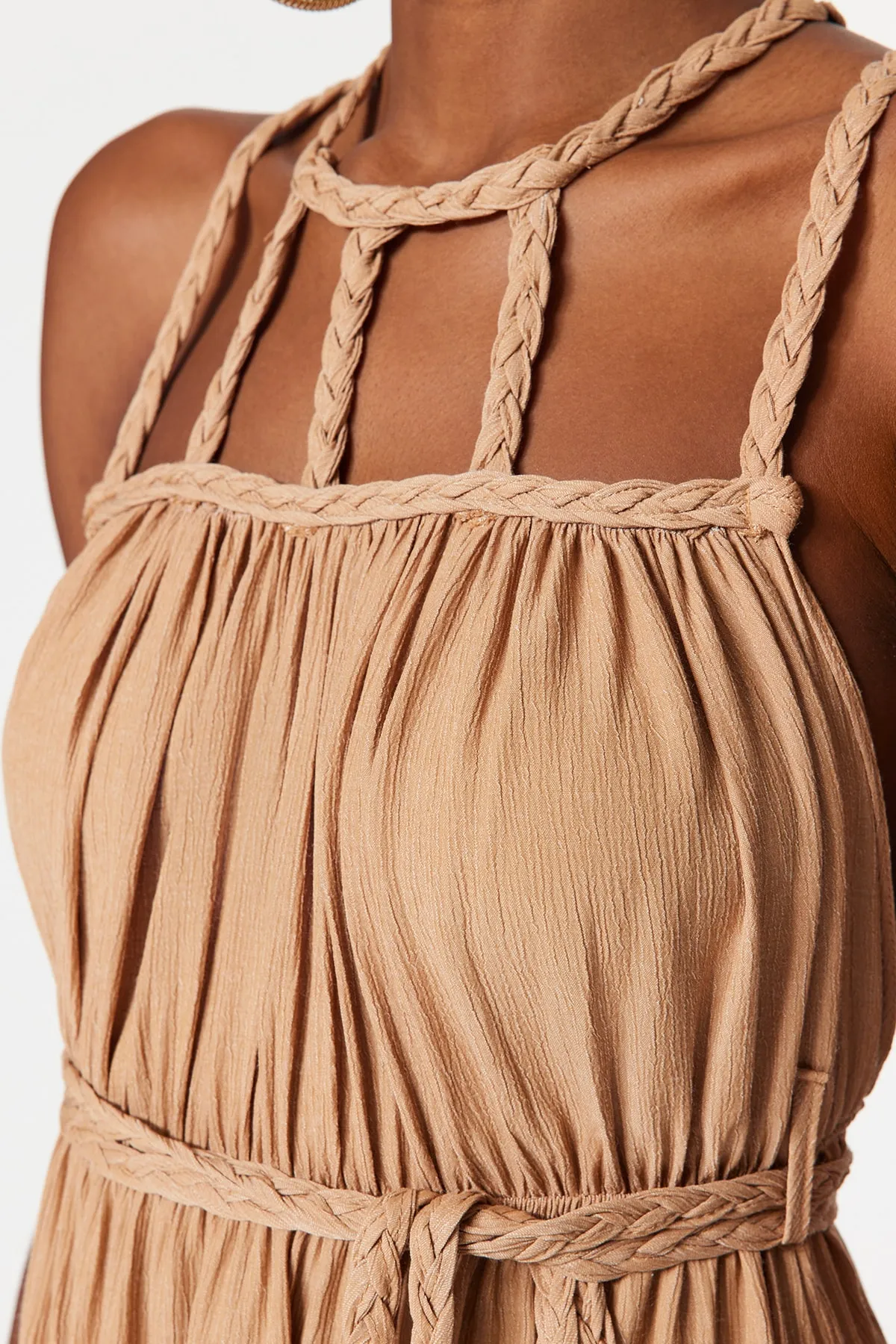 Trendyol Collection  Braunes, gewebtes Maxi-Strandkleid zum Binden aus 100 % Baumwolle mit Gürtel TBESS23EL00070