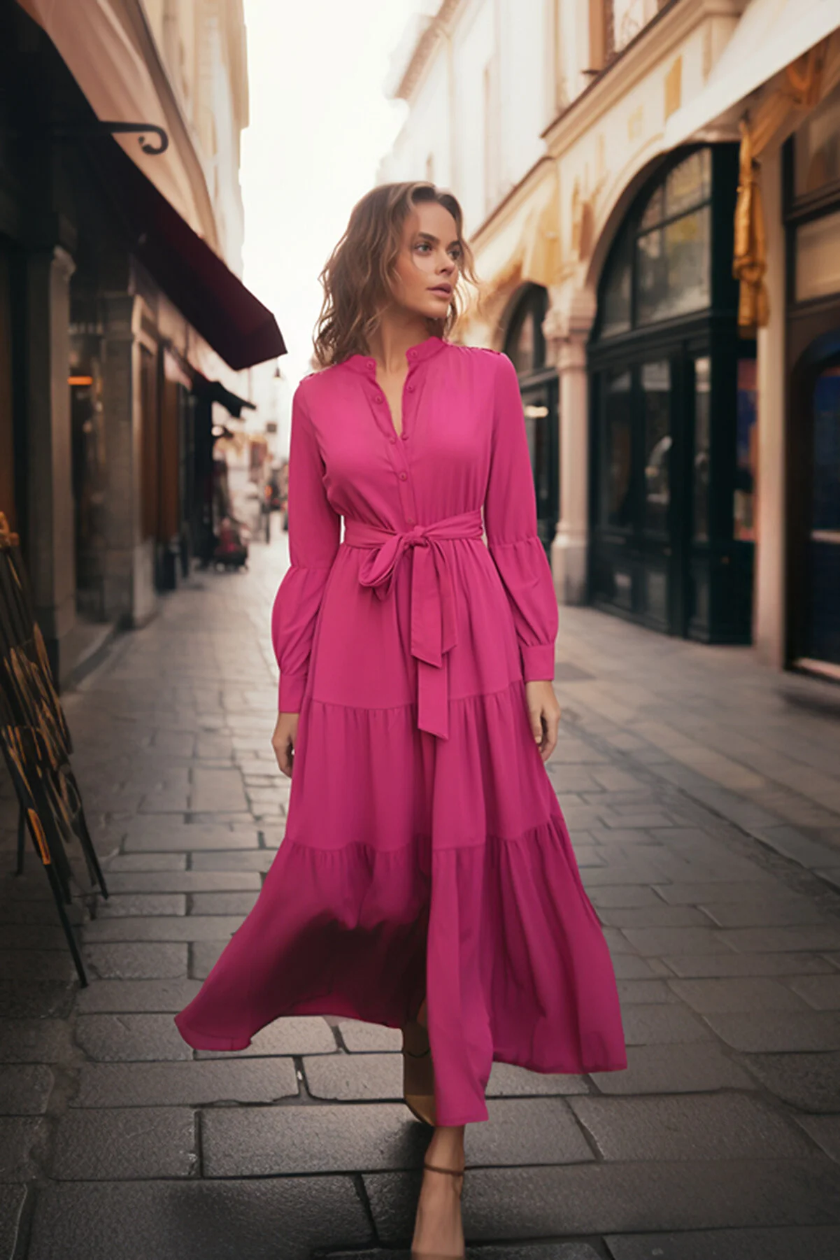 Trendyol Modest  Dunkelrosa gewebtes Kleid mit Gürtel, Chief-Kragen und Knopfdetail TCTSS21EL3343