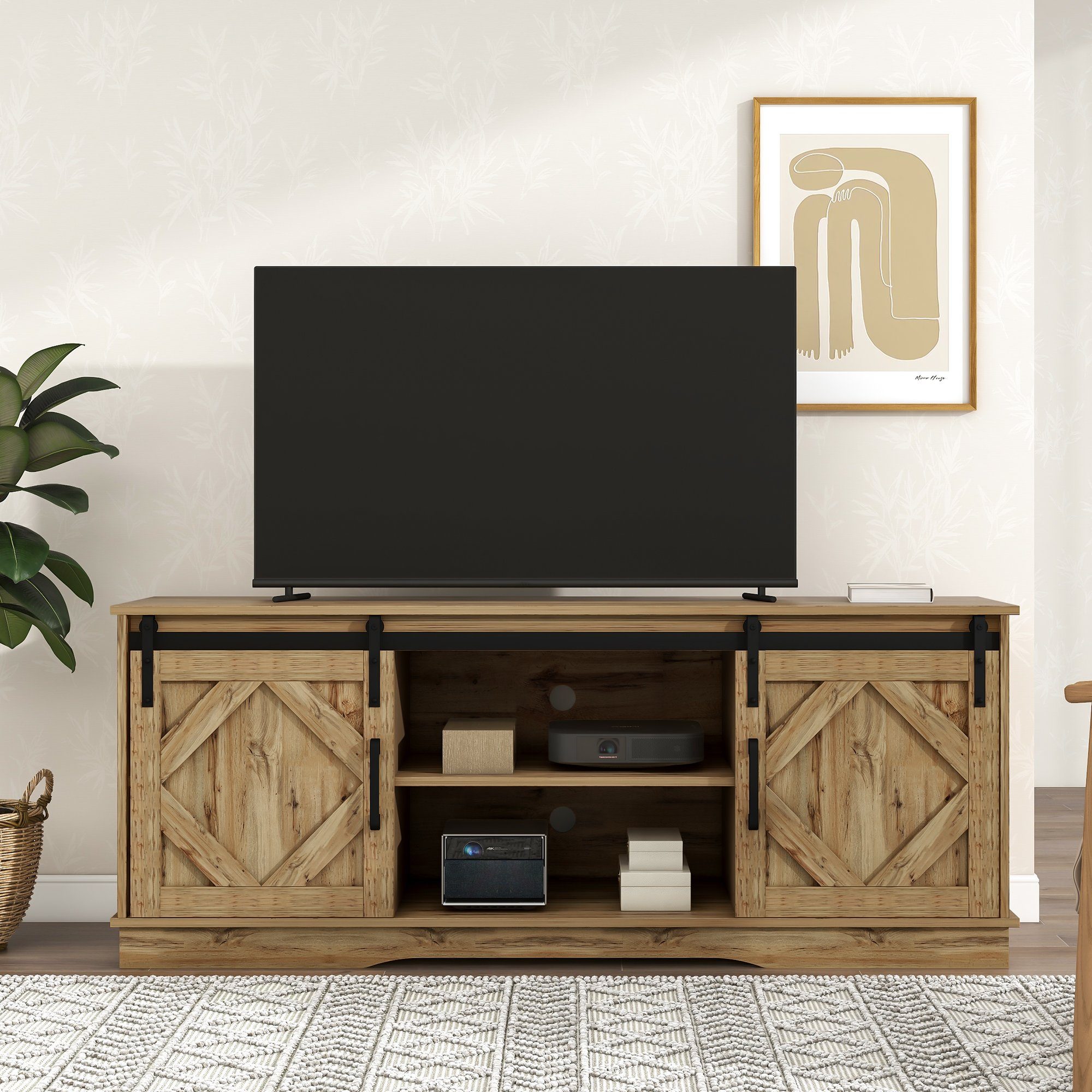 OKWISH TV-Schrank TV Stand Sideboard Entertainment Center (vintage Braun Entertainment Center 150*40*60cm, mit 2 klassischen Schiebetüren Einstellbare Regale) für Wohnzimmer Esszimmer Landhaus Modernes Design