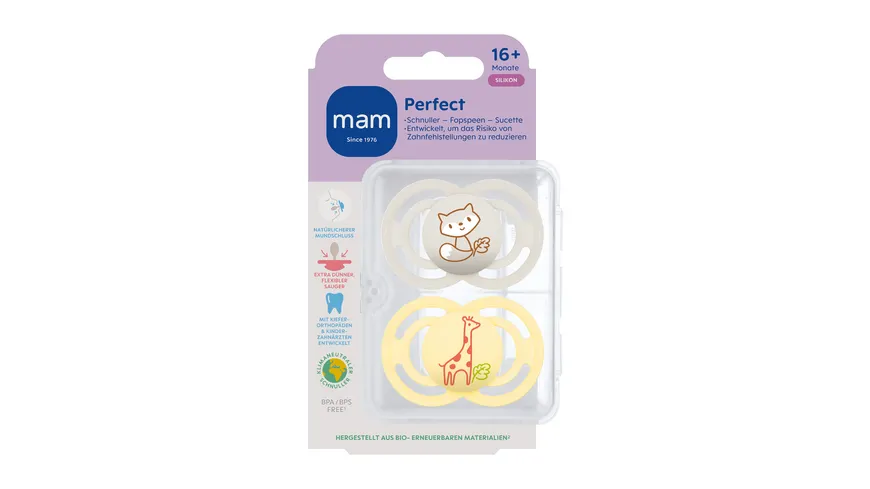 MAM Perfect Silikon, 16+ Mon., 2 Stk, Fuchs/Giraffe