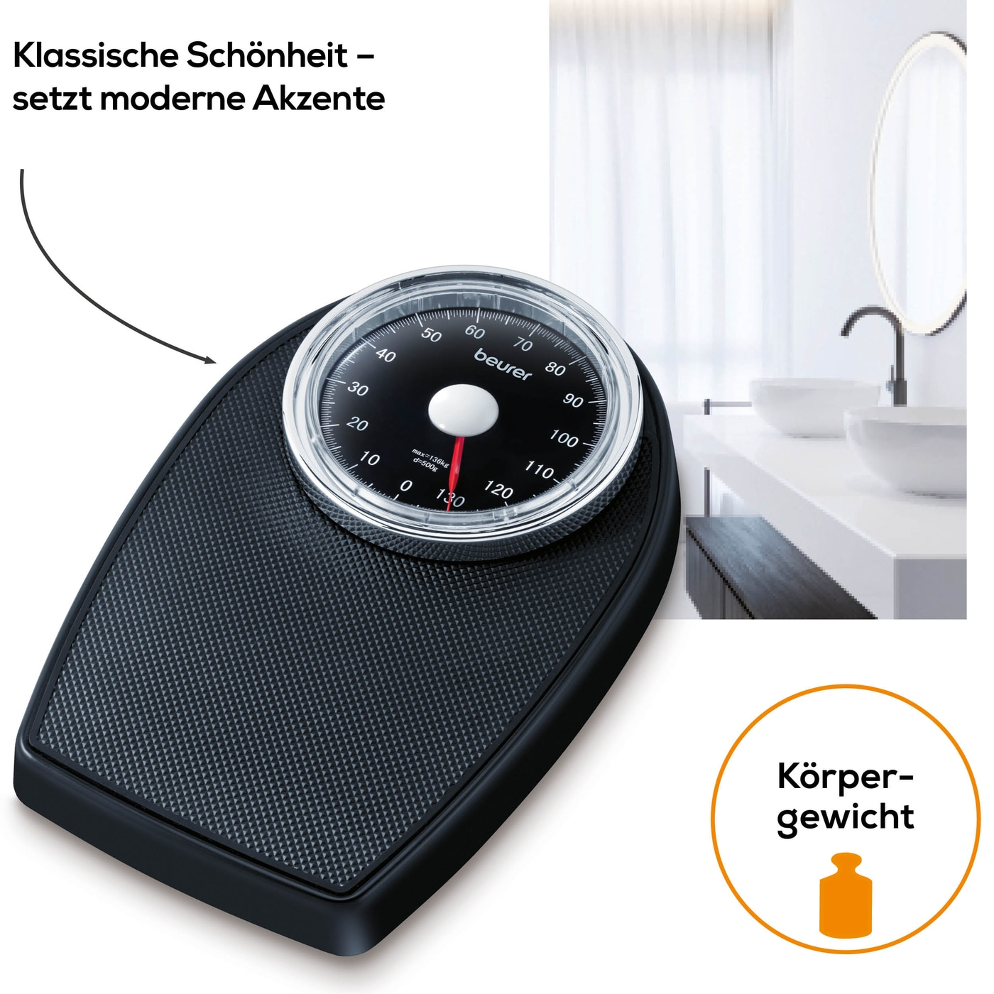 Beurer Mechanische Waage MS 40-Analoge Personenwaage ohne Batterien im Retro-Design - bis 135 kg