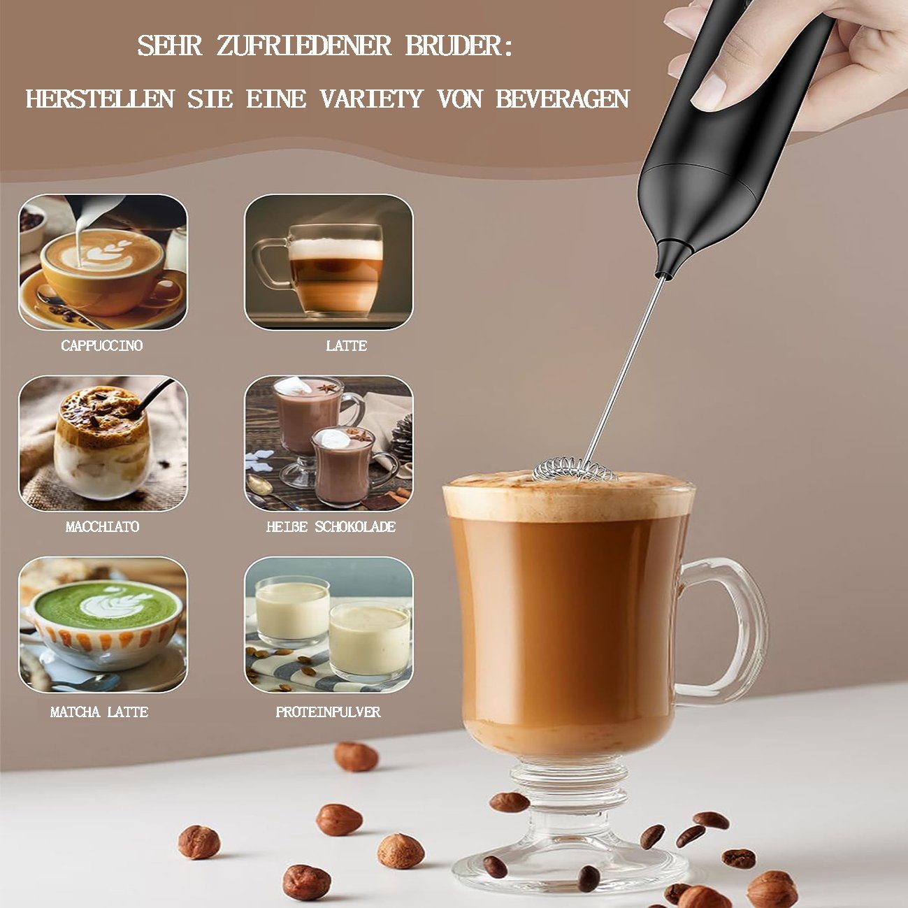 flowgoer Milchaufschäumer Elektrischer Milchaufschäumer, USB-Aufladung, Handaufschäumer, Eingebauter wiederaufladbarer 500-mAh-Lithium-Akku, tragbares Design