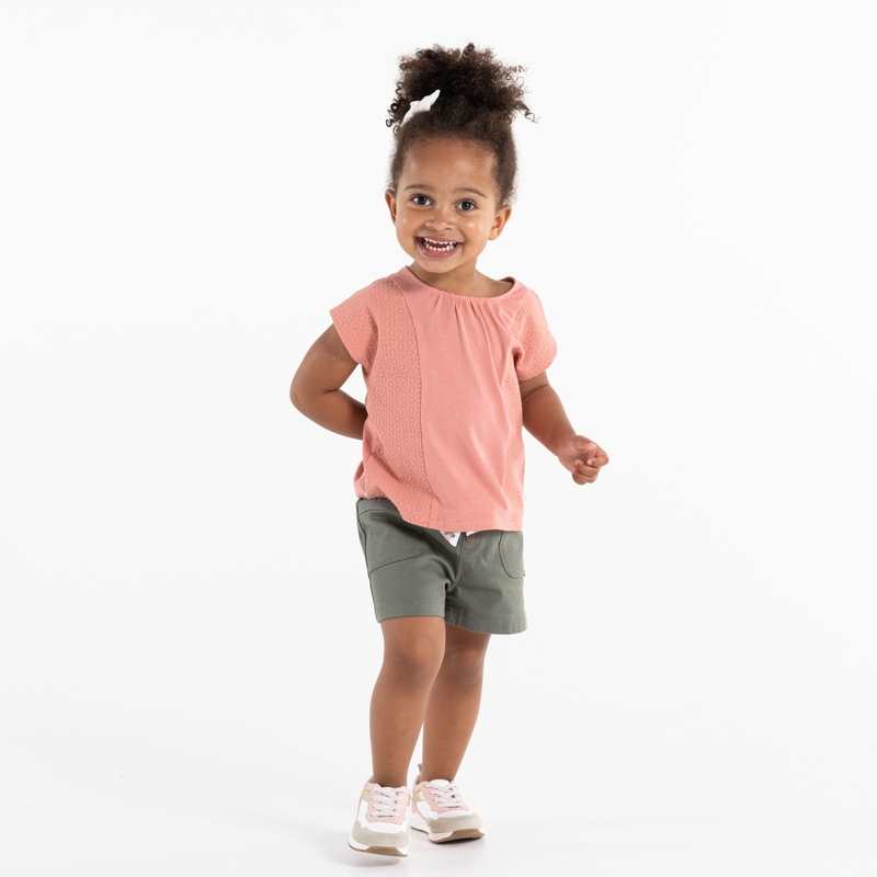 Blouse brodée bi-matière rose bébé fille
