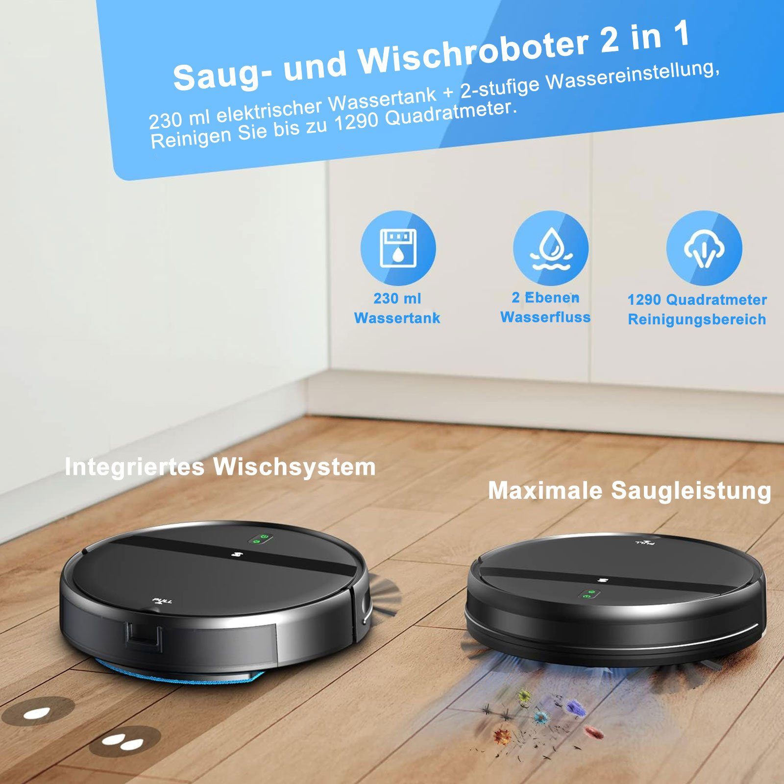 OKWISH Nass-Trocken-Saugroboter Staubsauger Roboter Saugroboter Roboterstaubsauger 2in1 Selbstaufladen, Starke 1400 Pa mit Wischfunktion WLAN für Tierhaare Teppich Hartboden