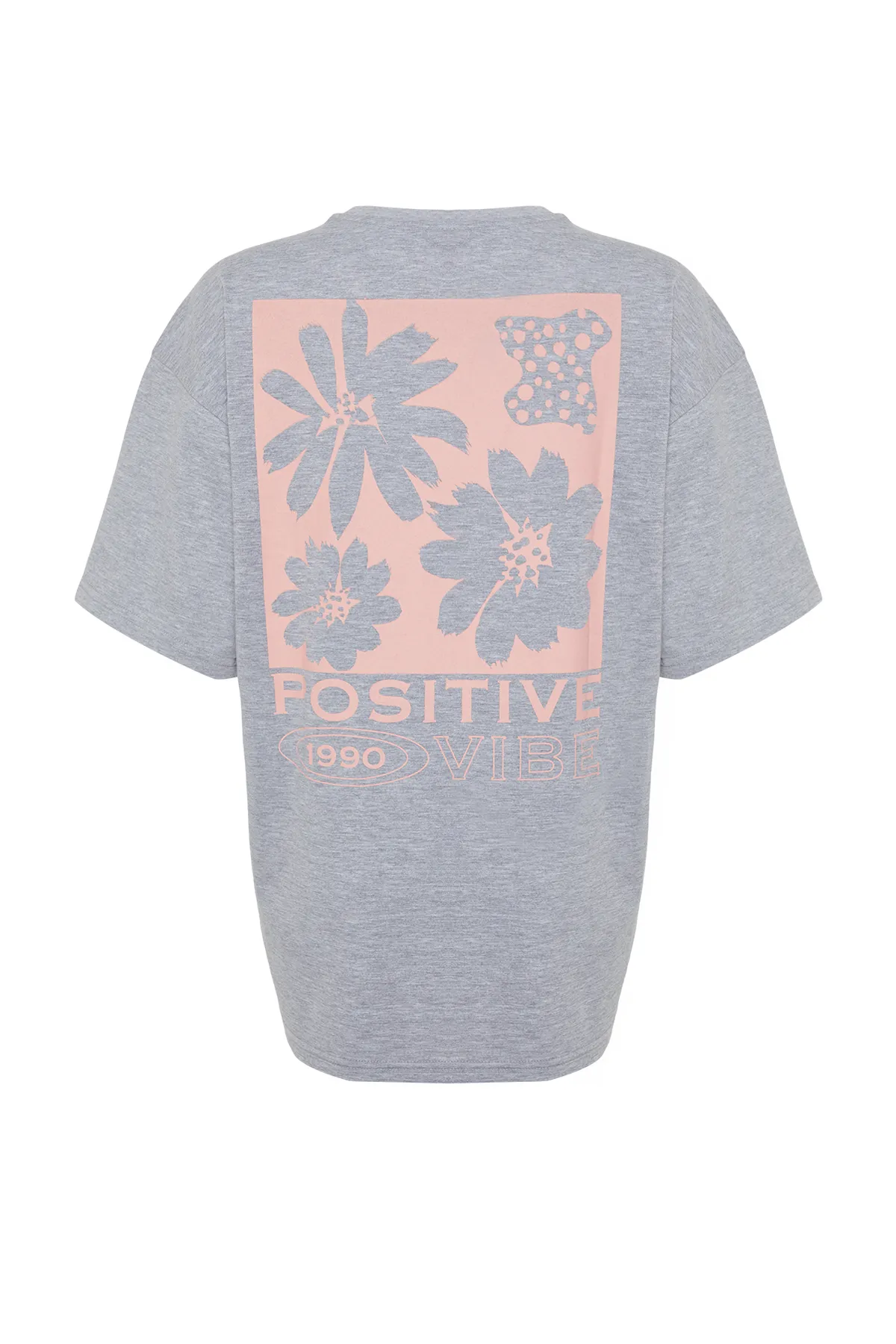 Trendyol Collection  Grau meliertes, hinten bedrucktes, übergroßes/weites Strick-T-Shirt mit Rundhalsausschnitt TWOSS23TS00321