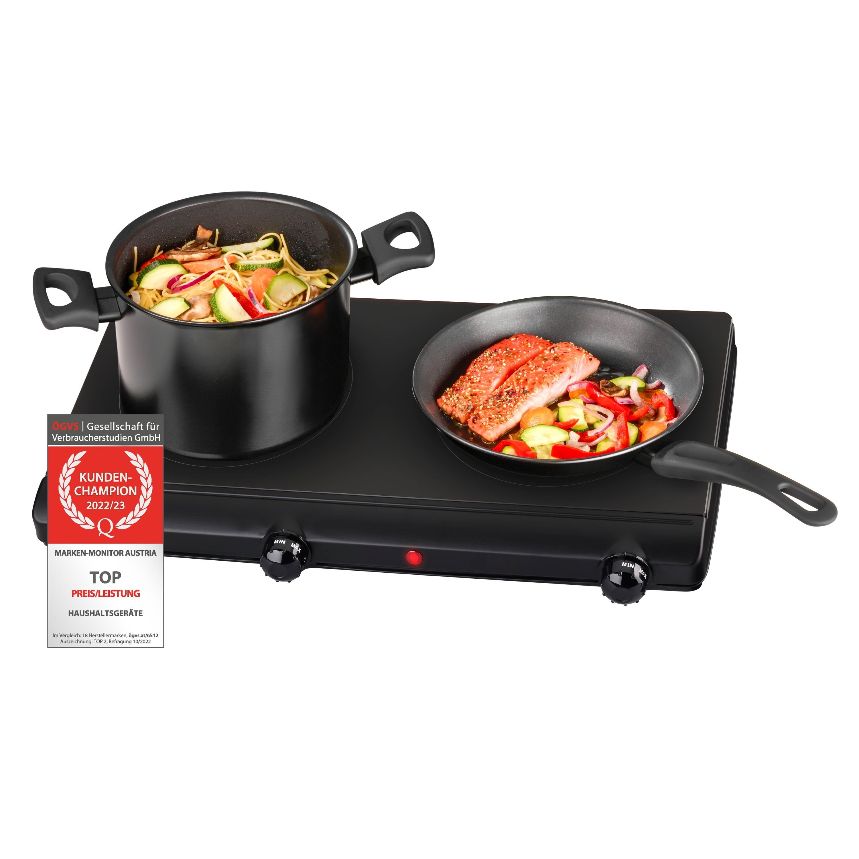 TZS FIRST AUSTRIA Doppelkochplatte Infrarot Kochplatte, 2500W, Glaskeramik, stufenlose Temperaturregelung, Kochfeld Schwarz, manuelle Bedienung, mobil, Herdplatte
