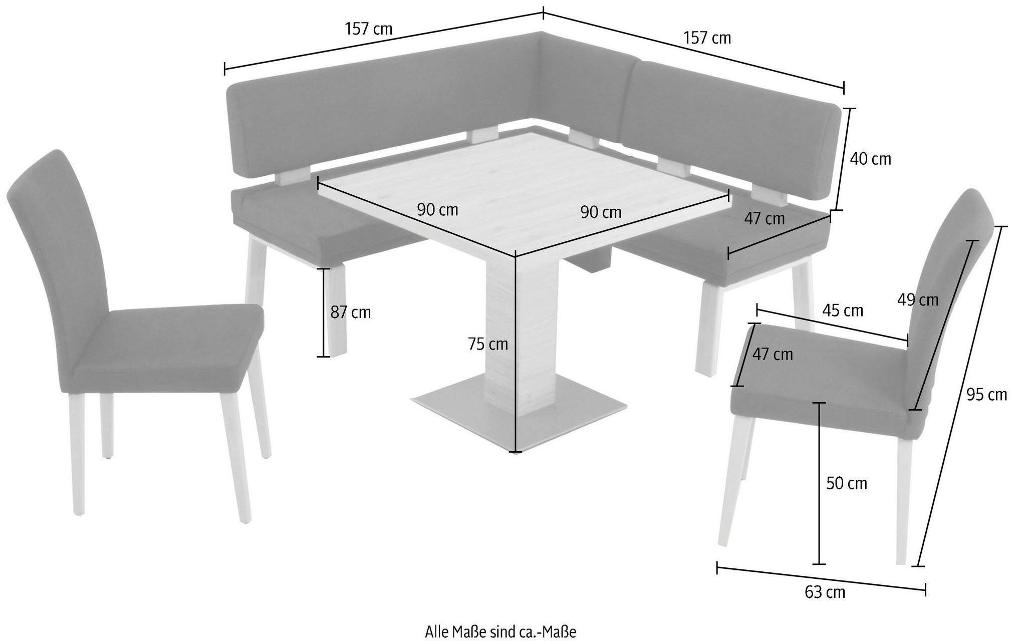 K+W Komfort & Wohnen Eckbankgruppe Santos I, gleichschenklig 157cm, zwei 4-Fußholzstühle und Tisch 90x90cm, Eiche