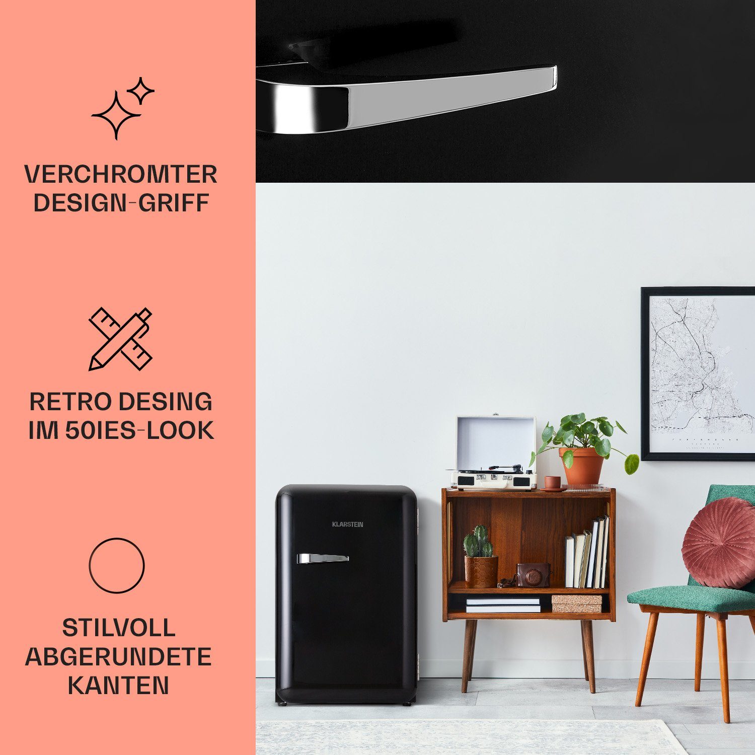 Klarstein Table Top Kühlschrank HEA13-Audrey-68L-BK 10040739, 66 cm hoch, 43 cm breit