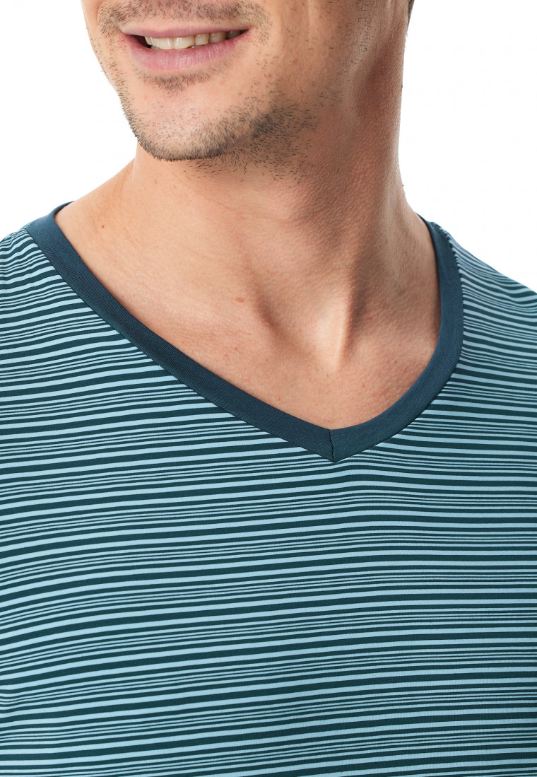 Schlafanzug lang Streifen jeansblau - Long Life Soft