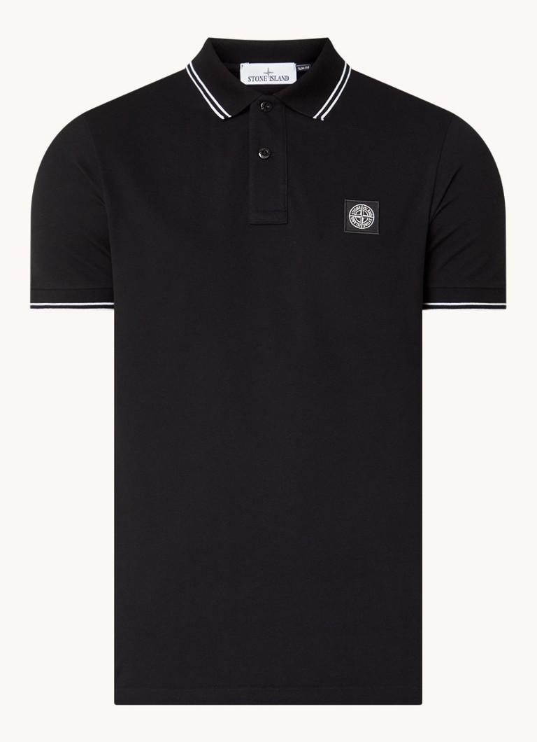 Πόλο Stone Island 2SC18 Στενή Γραμμή από Βαμβακερό Πικέ με Λογότυπο και Κωνικές Μανσέτες