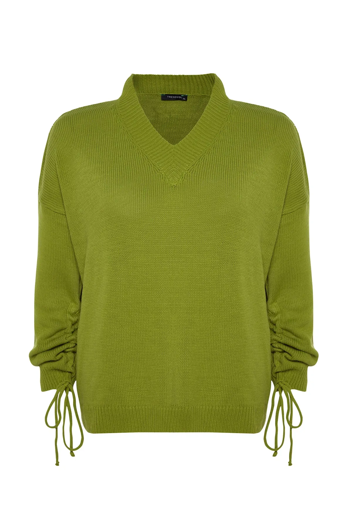 Trendyol Curve  Pistaziengrüner, geraffter Strickpullover mit V-Ausschnitt und Ärmeln TBBAW23AN00023