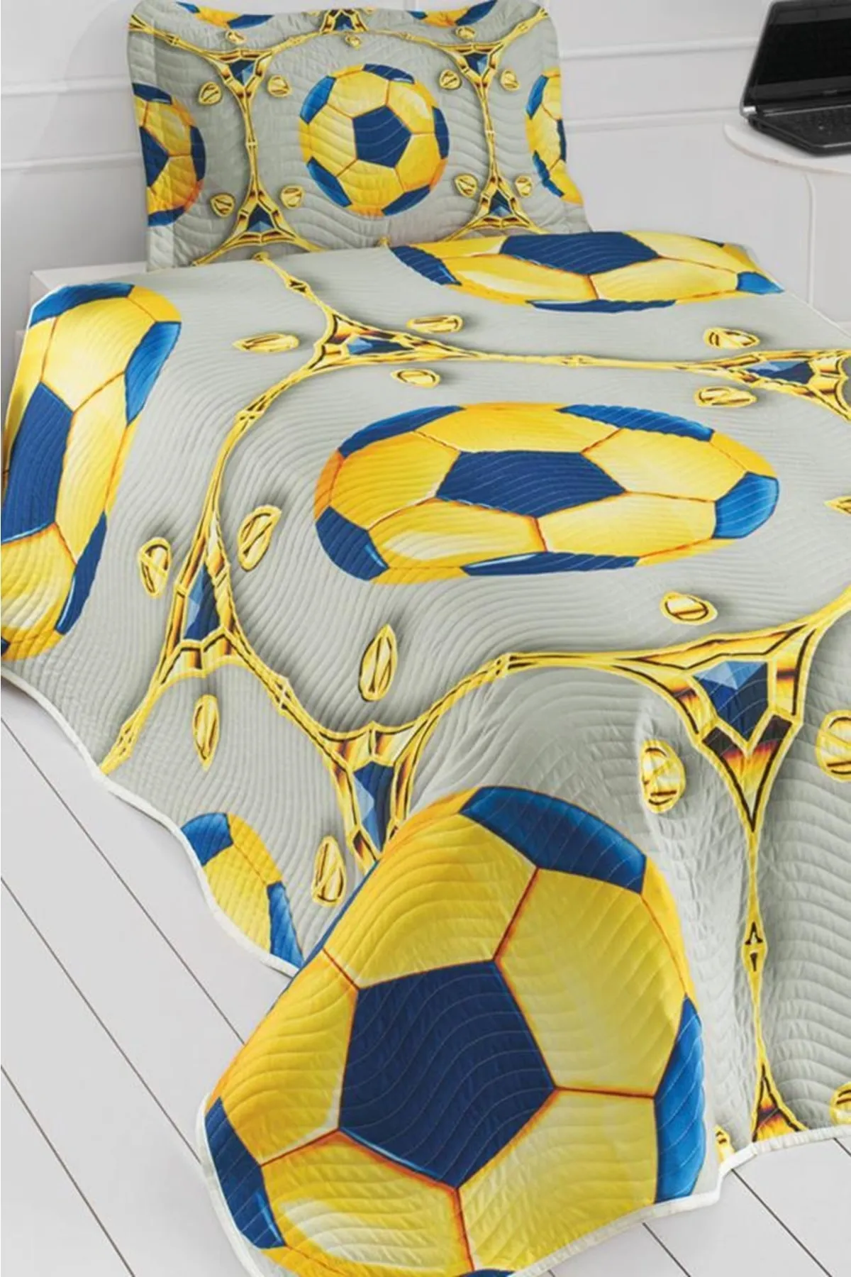 Çeyiz Diyarı  Tagesdecke für Einzelbett mit Fächerdruck, Gelb, Marineblau