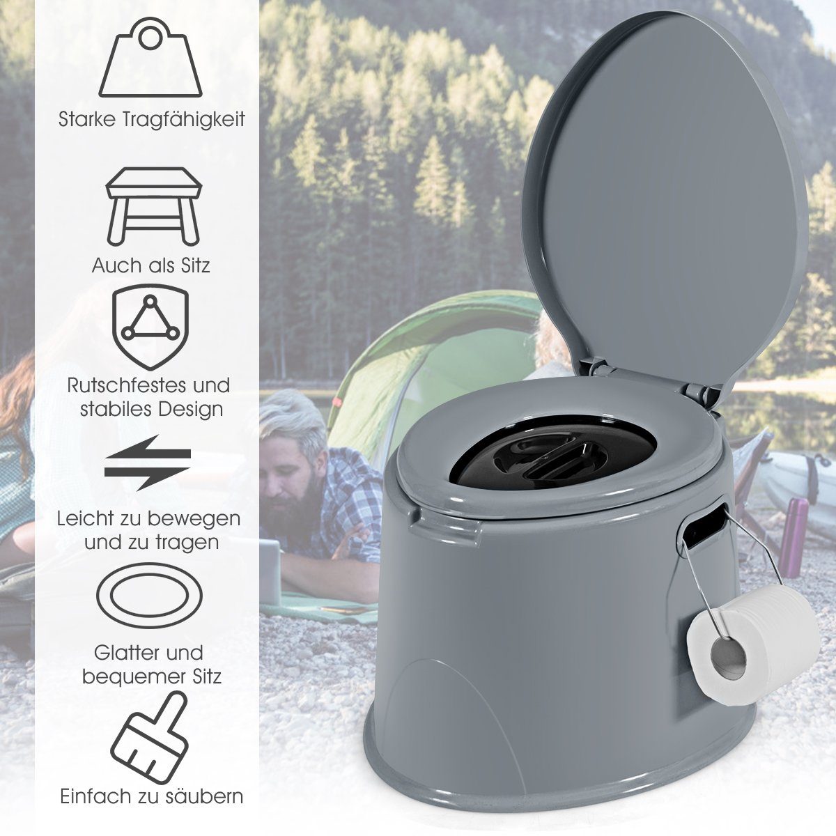 COSTWAY Campingtoilette, mit tragegriff und Toilettenpapierhalter, 41x49x34cm