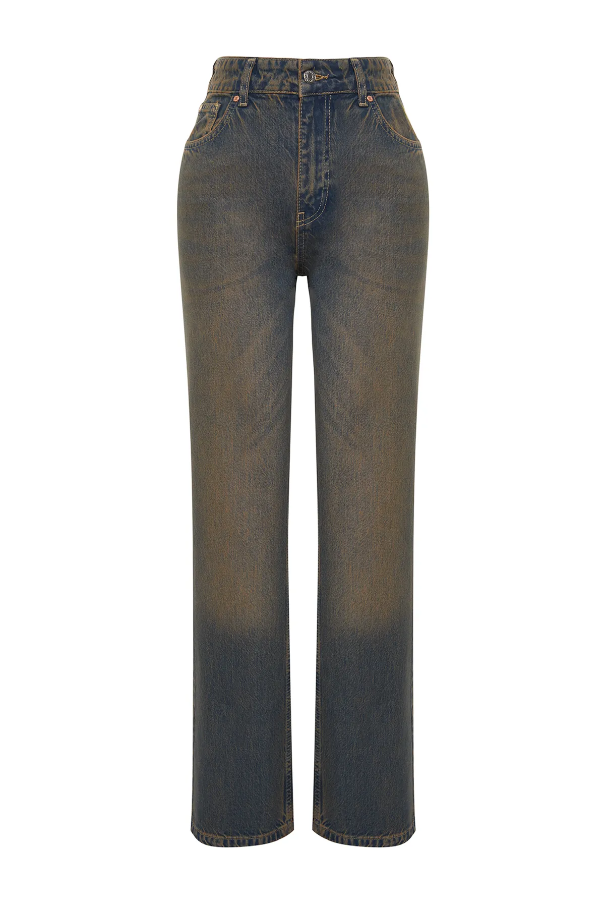 Trendyol Collection  Dunkelblaue Jeans mit blassem Effekt und hoher Taille und weitem Bein im Vintage-Stil TWOSS24JE00018