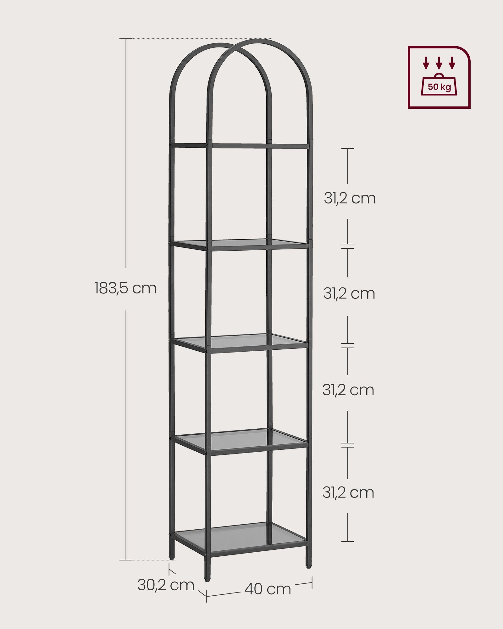 VASAGLE Bücherregal Standregal, 1-tlg., mit 5 Ebenen, Höhe 183,5cm