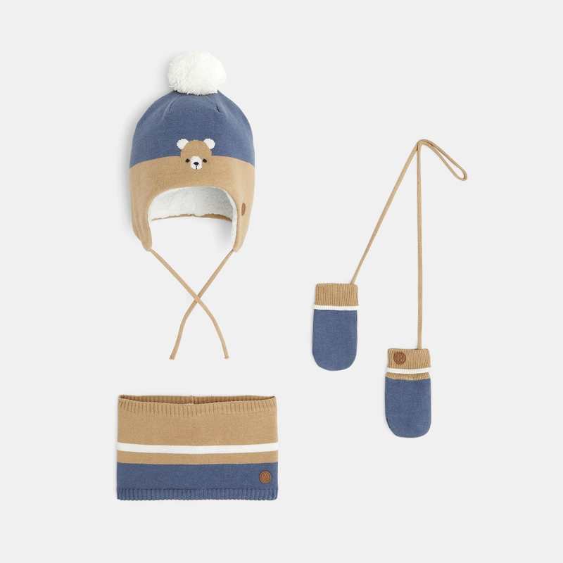 Lot bonnet, snood et moufles tricot frimousse bleue bébé garçon