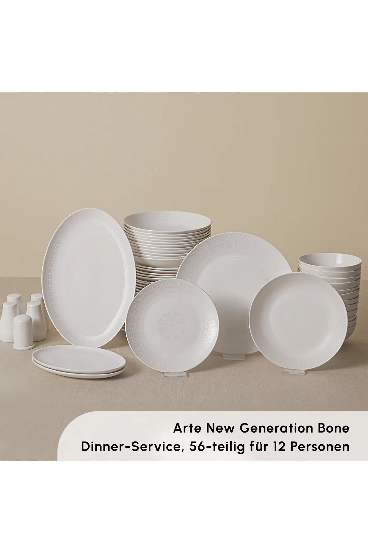 Karaca  Arte 56 Teile Neues Knochengeschirr für 12 Personen, New Bone, Servierplatten, Speiseteller