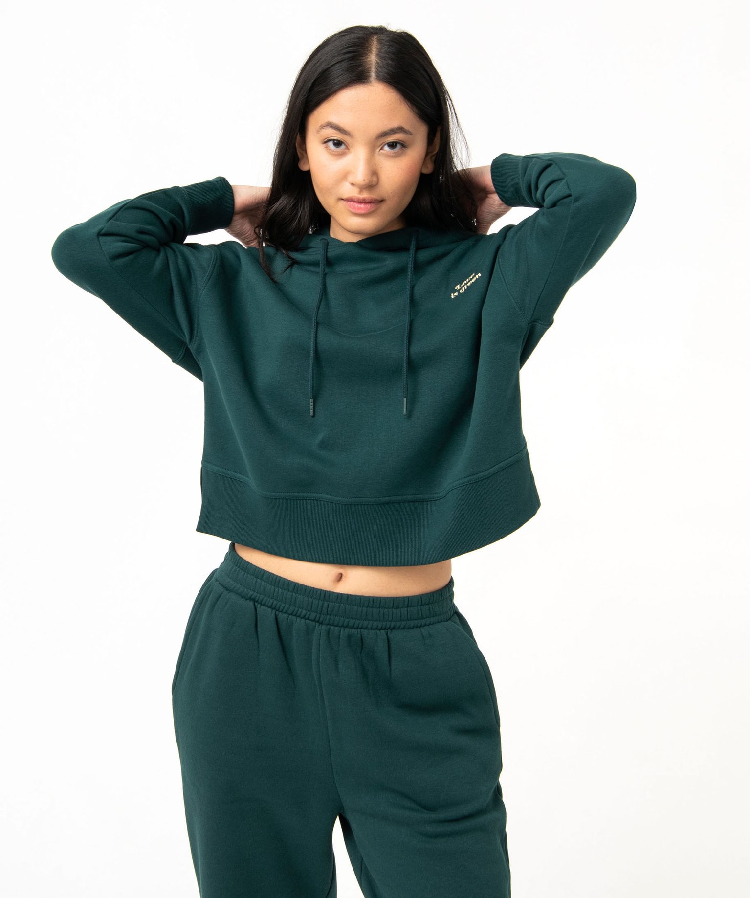 Sweat court à capuche avec message brodé femme vert | GEMO