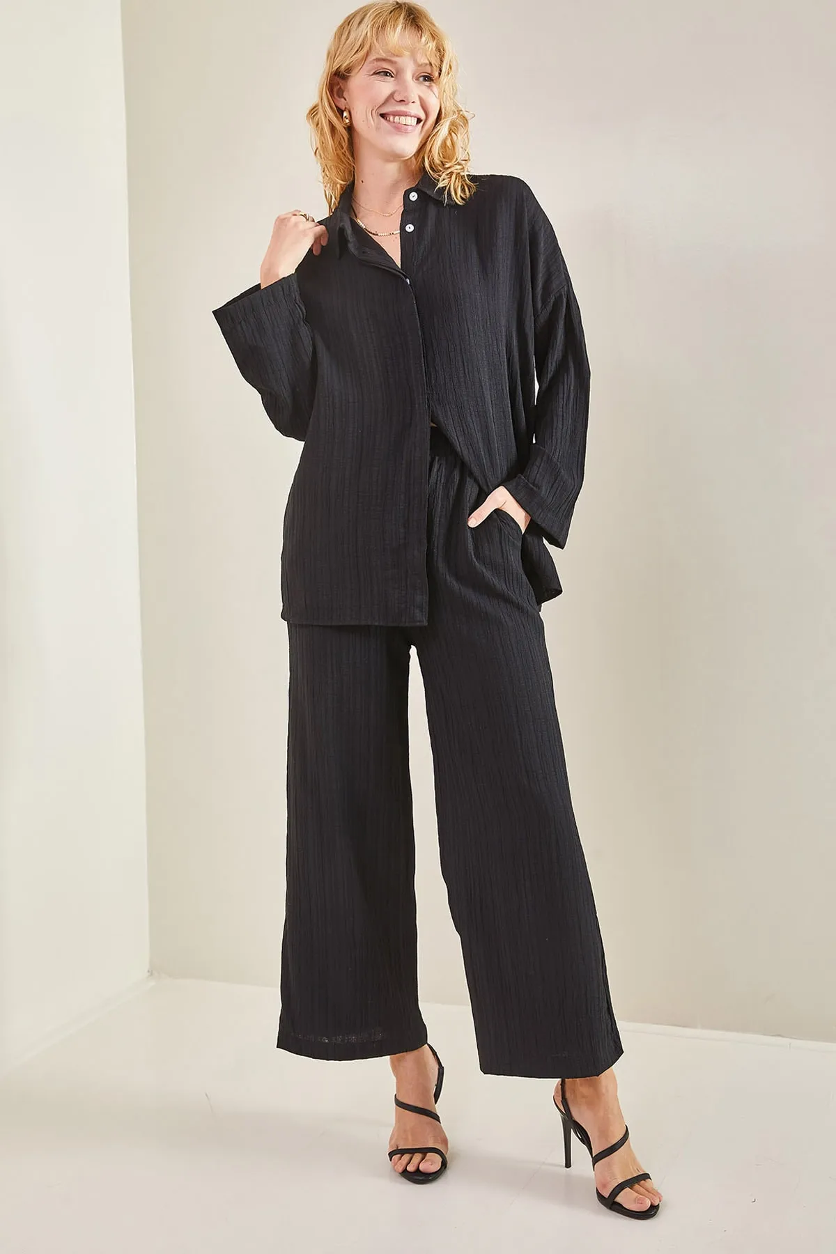 Bianco Lucci  Seersucker-Unterteil-Top-Set für Damen