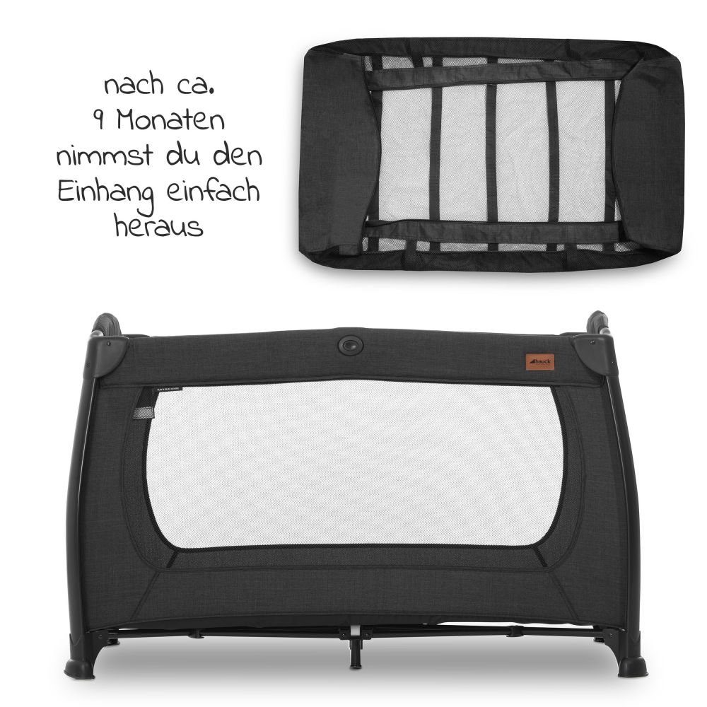 Hauck Baby-Reisebett Play'n Relax Center - Melange Black, 7-tlg., Kinderreisebett mit Matratze, Insektenschutz, Wickelauflage, Einhang