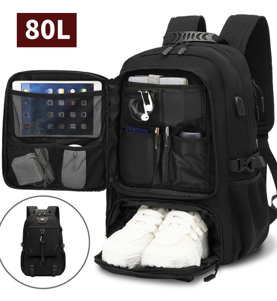 MULISOFT Reiserucksack Erweiterbarer Sportrucksack XL mit Schuhfach Schulrucksack (mit USB Ladeanschluss Anti Diebstahl Business Arbeit Reisen), für Fitnessstudio Arbeit Camping, Herren Damen, Schwarz