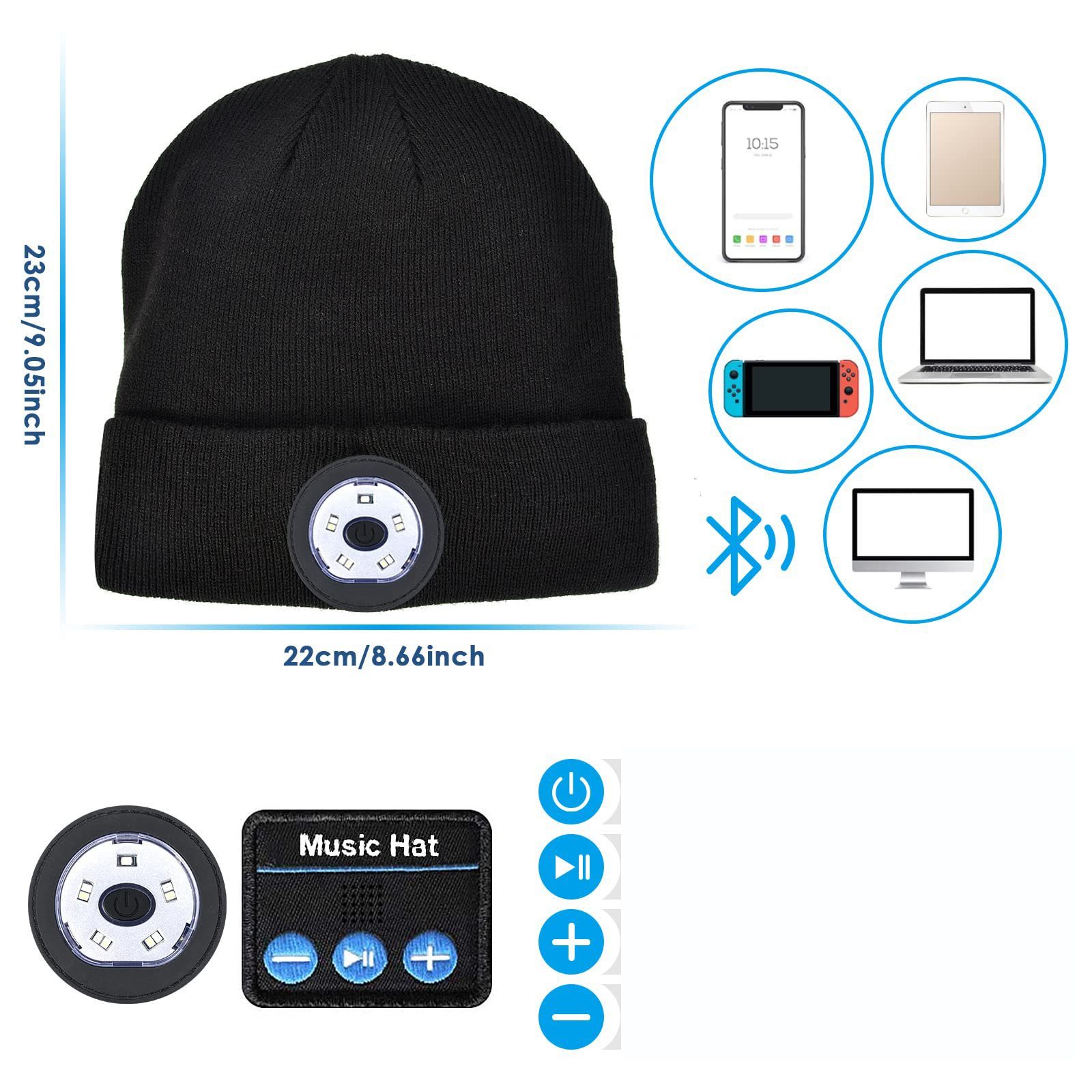AKKEE Strickmütze Bluetooth Mütze Mit Led Licht, Männer Geschenke Weihnachten (1-St., Weihnachten Gadget Geschenk für Männer Papa Frauen) Unisex Mütze mit Musik mit Kopfhörer Mütze zum Camping Laufen Wandern