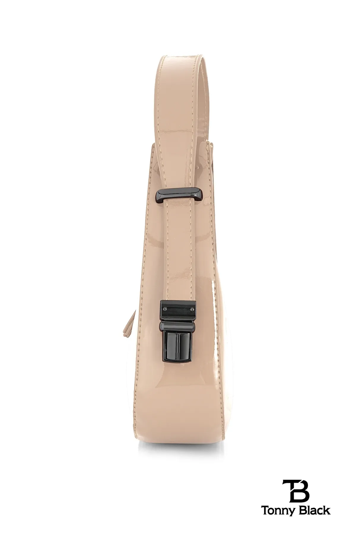 Tonny Black  Original neue Saison glänzendes Lackleder-Baguette-Modell, einäugige, stilvolle Handtasche und Umhängetasche, Nerz