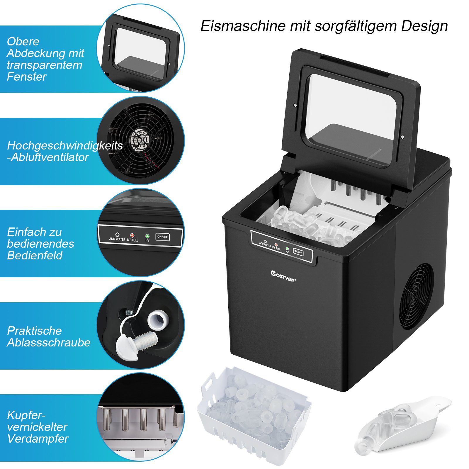COSTWAY Eiswürfelmaschine, 9 Eiswürfel in 8 min, 12kg in 24H, 1,85L Tank
