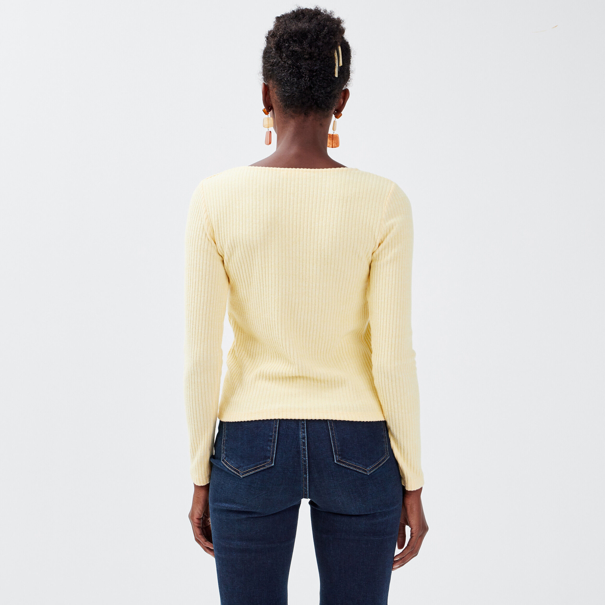 T-shirt manches longues jaune clair femme | Cache Cache