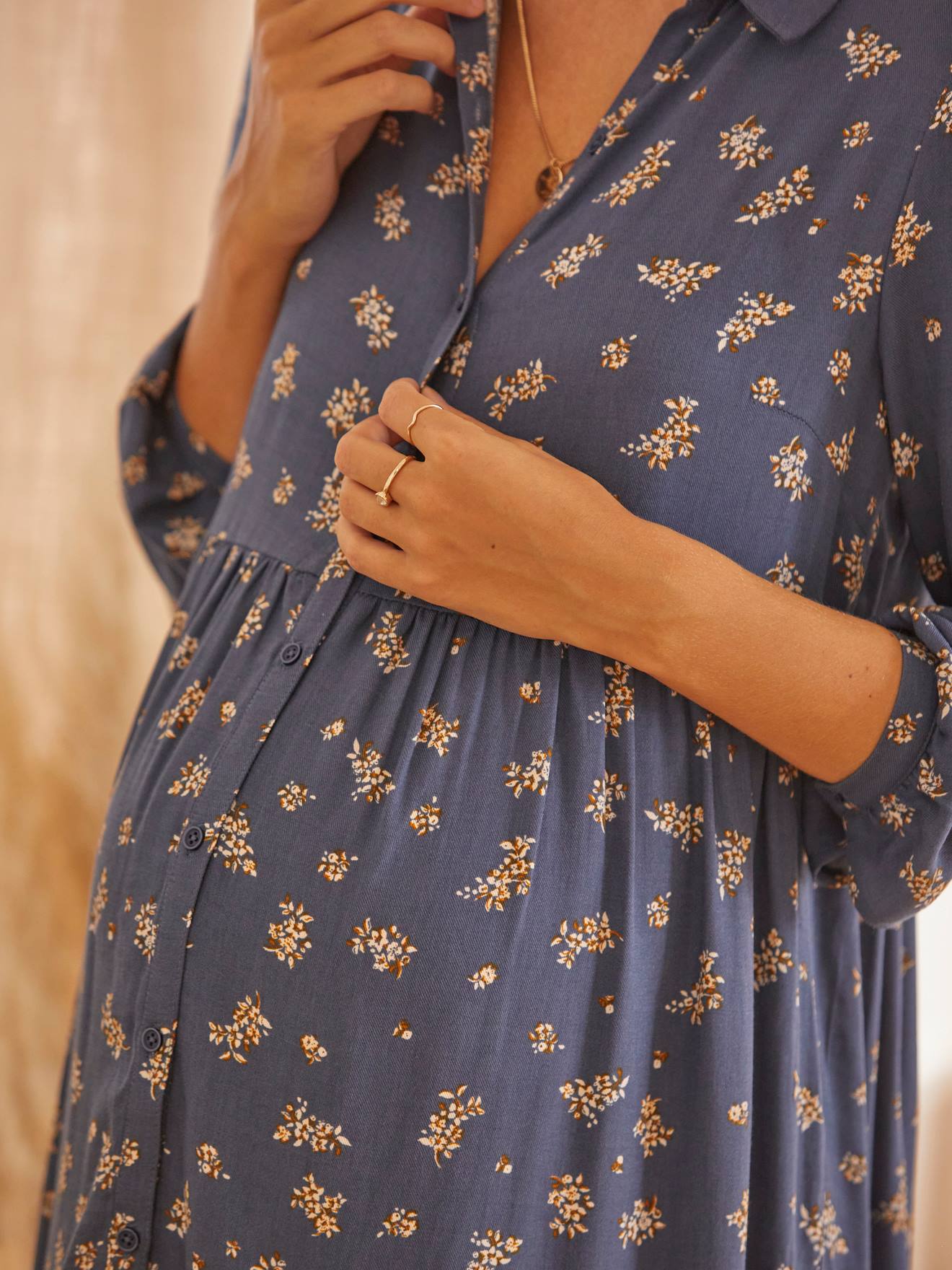 Robe-chemise imprimée grossesse et allaitement vert fleuri