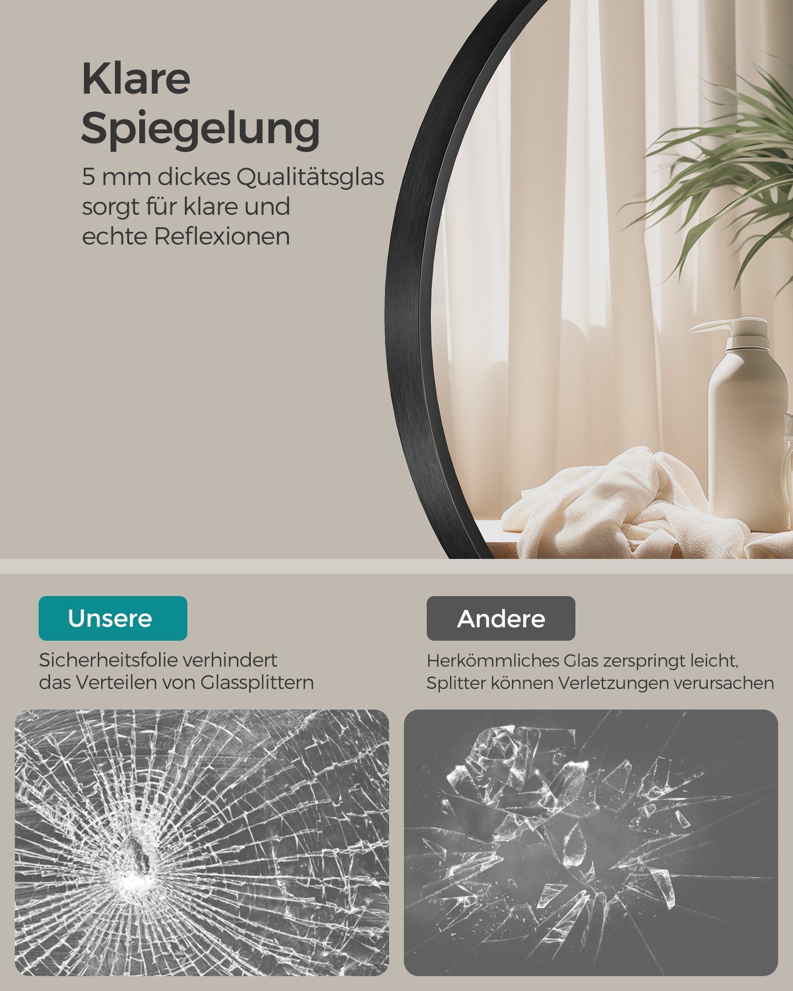 SONGMICS Wandspiegel, Spiegel rund, Badezimmerspiegel, 40/50/61/76 cm, Metallrahmen
