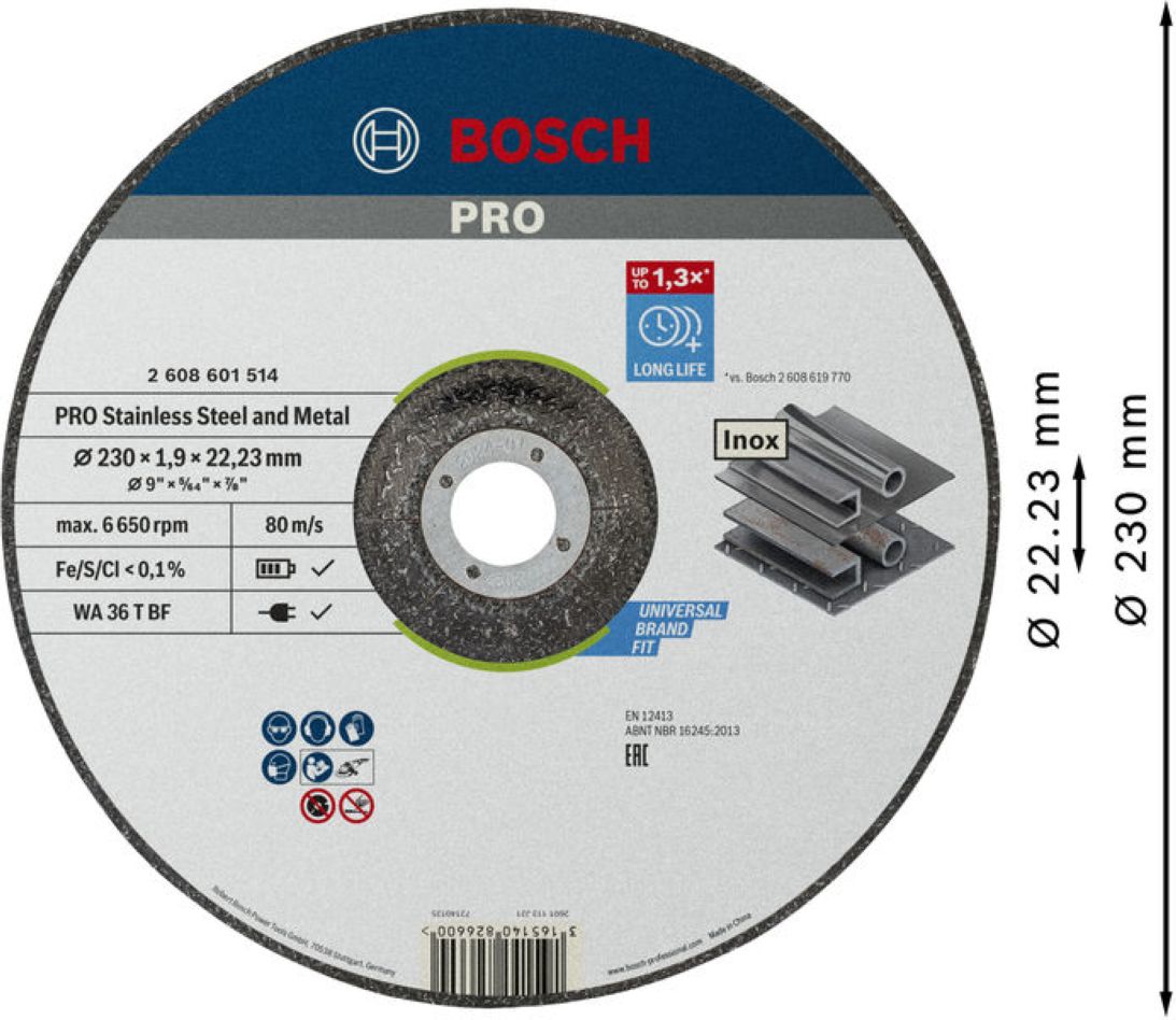 Bosch Blue Accessories 2608601514 PRO диск за сечење нерђајућег челика и метала, 230x1,9x22,23 мм