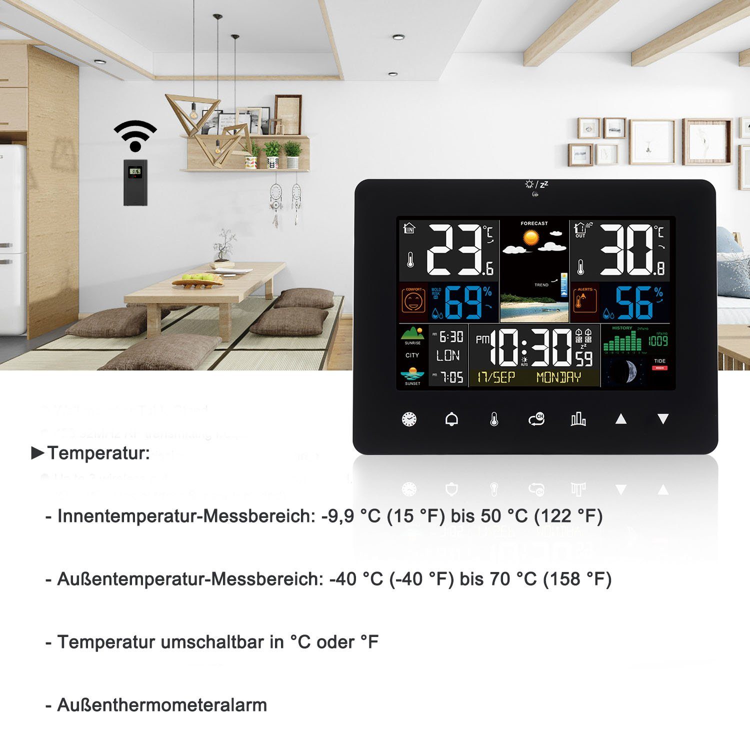 LETGOSPT Touch-Screen Thermometer Wettervorhersage Wetterstation (mit Sensor)